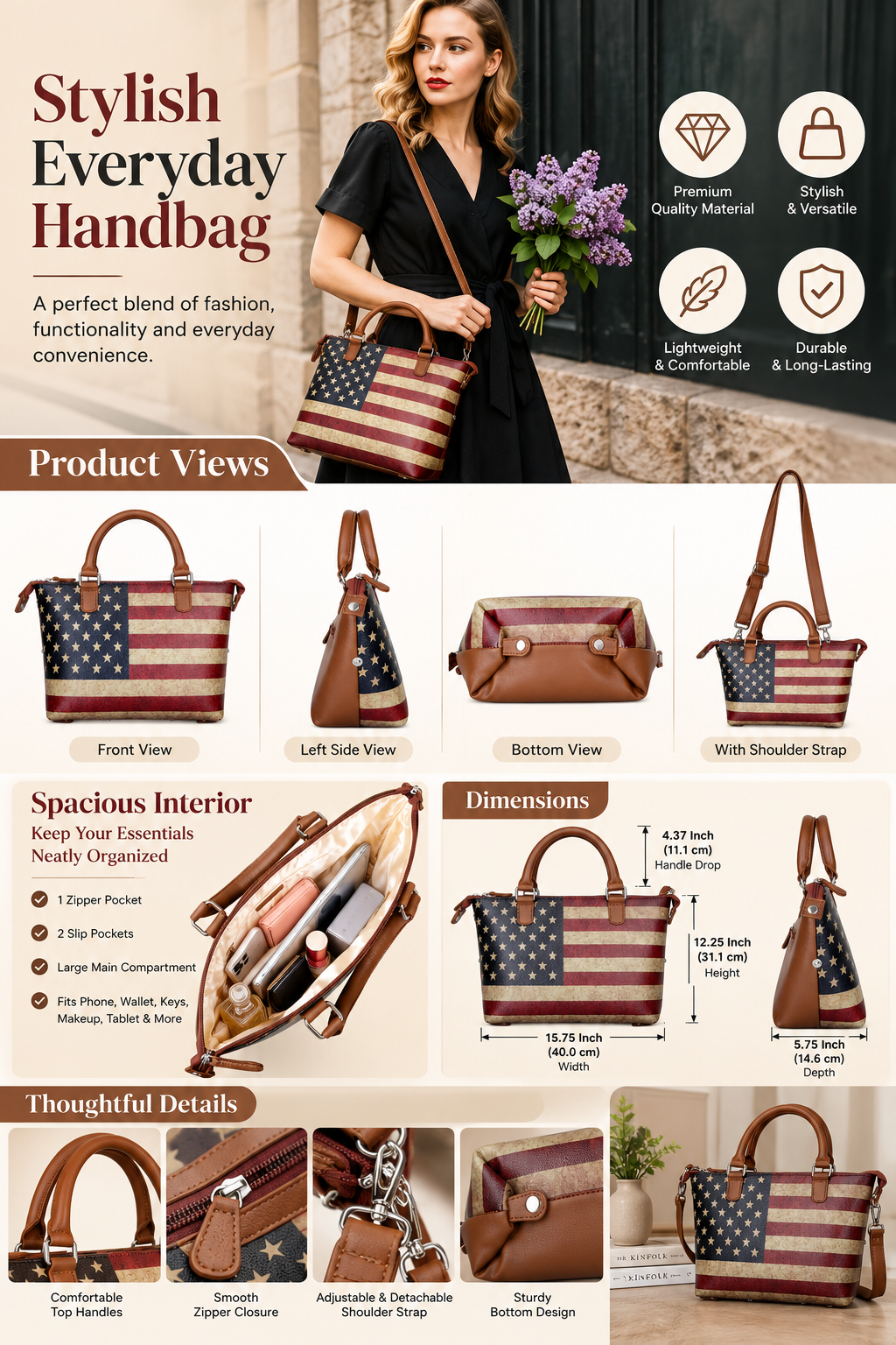 Women’s Vegan Leather 3-in-1 Printed Convertible Shoulder Bag – Stylish Top Handle Crossbody & Handbag Purse – Everyday Use