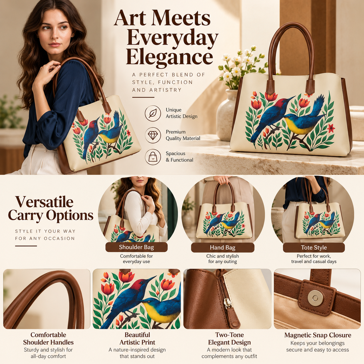Vegan Leather Printed Carryall Tote for Women – Stylish Shoulder, Top Handle & Handbag for Ladies – Office, Work, Travel & Daily Use