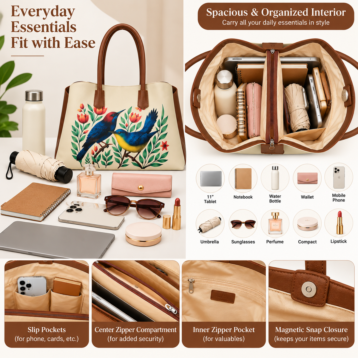 Vegan Leather Printed Carryall Tote for Women – Stylish Shoulder, Top Handle & Handbag for Ladies – Office, Work, Travel & Daily Use