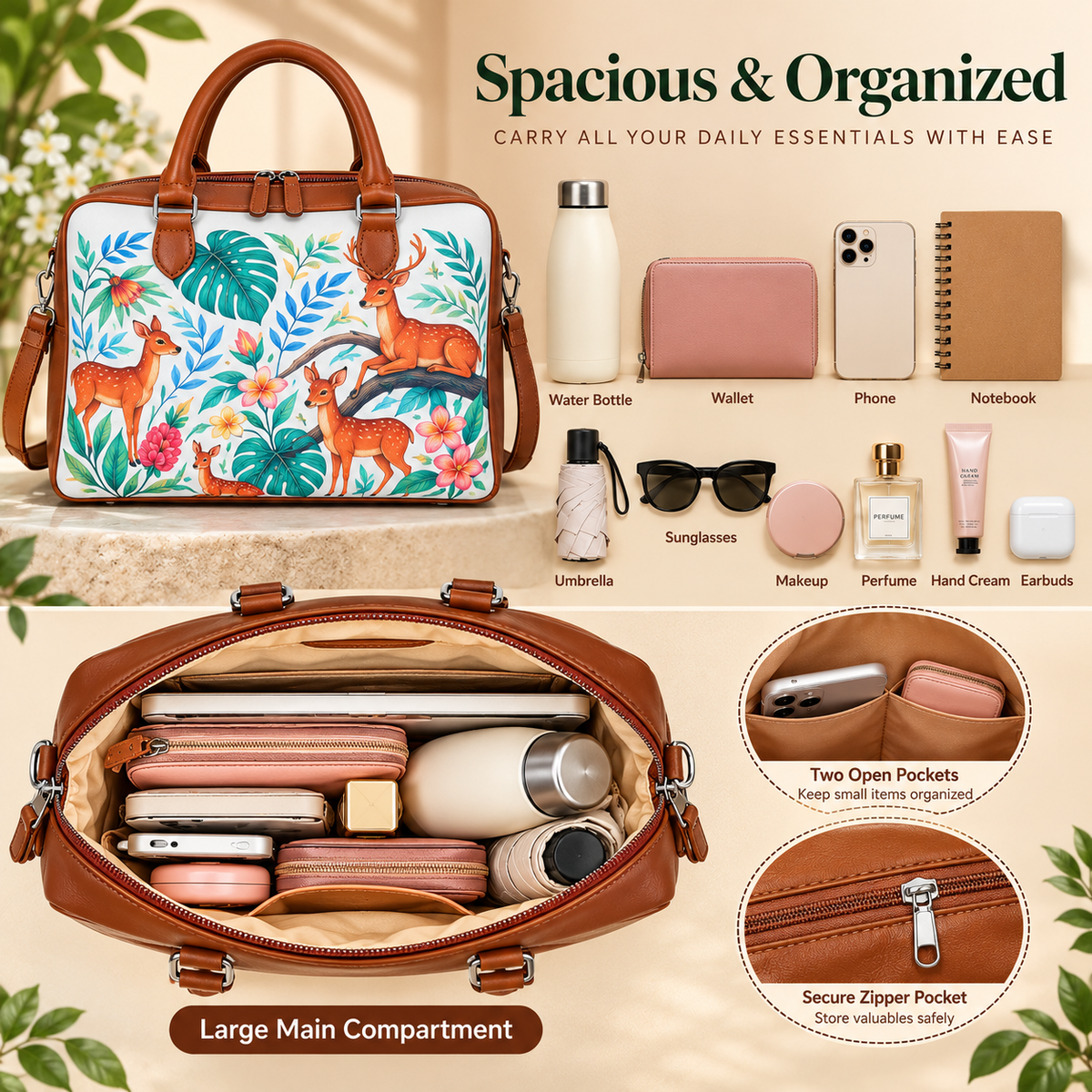 Leather Crossbody Bag for Women with Top Handle – Versatile Printed Vegan Shoulder, Tote & Business Handbag – Work, Travel & Daily Use