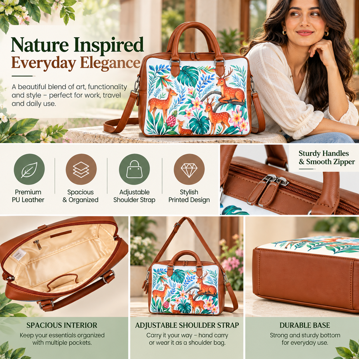 Leather Crossbody Bag for Women with Top Handle – Versatile Printed Vegan Shoulder, Tote & Business Handbag – Work, Travel & Daily Use