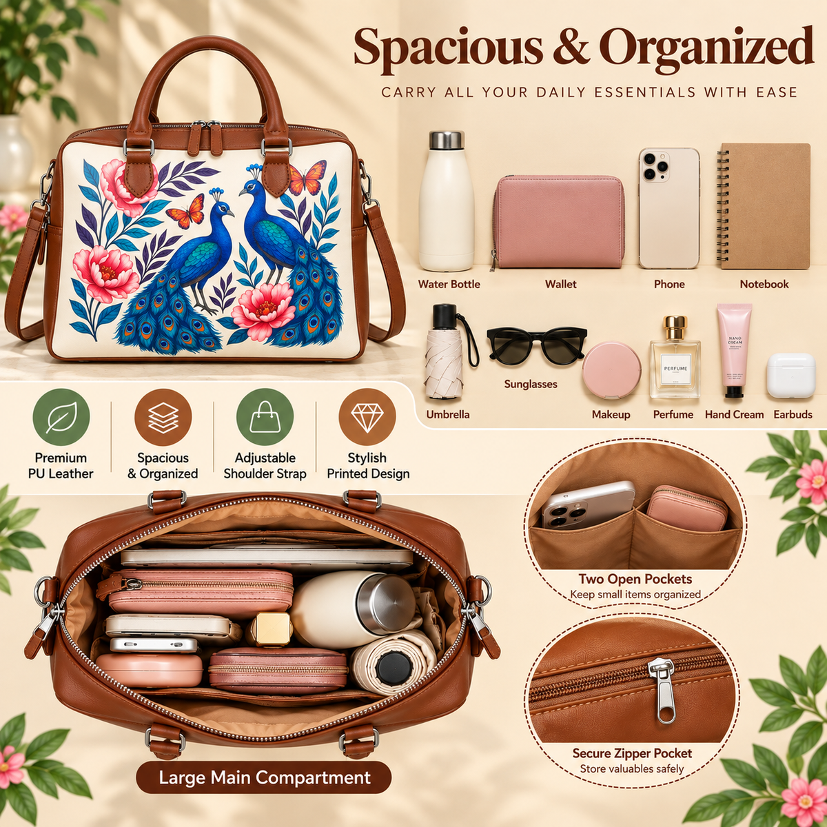 Leather Crossbody Bag for Women with Top Handle – Versatile Printed Vegan Shoulder, Tote & Business Handbag – Work, Travel & Daily Use