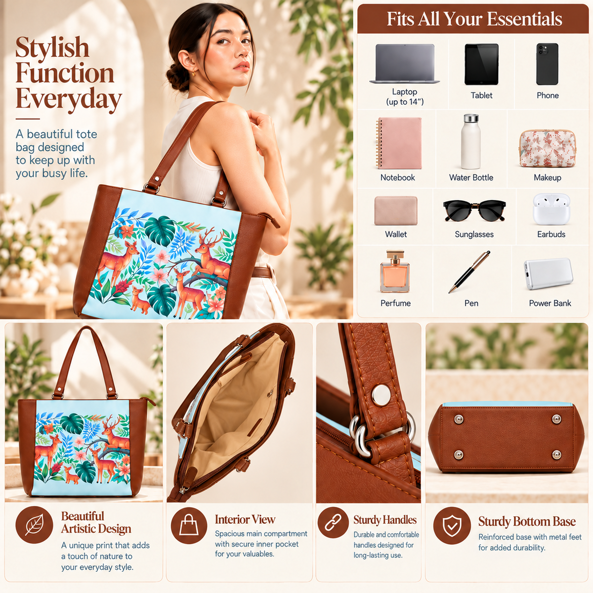 Vegan Leather Ladies' Shoulder Tote Bag– Printed Top Handle Handbag for Women – Work, Travel & Daily Use