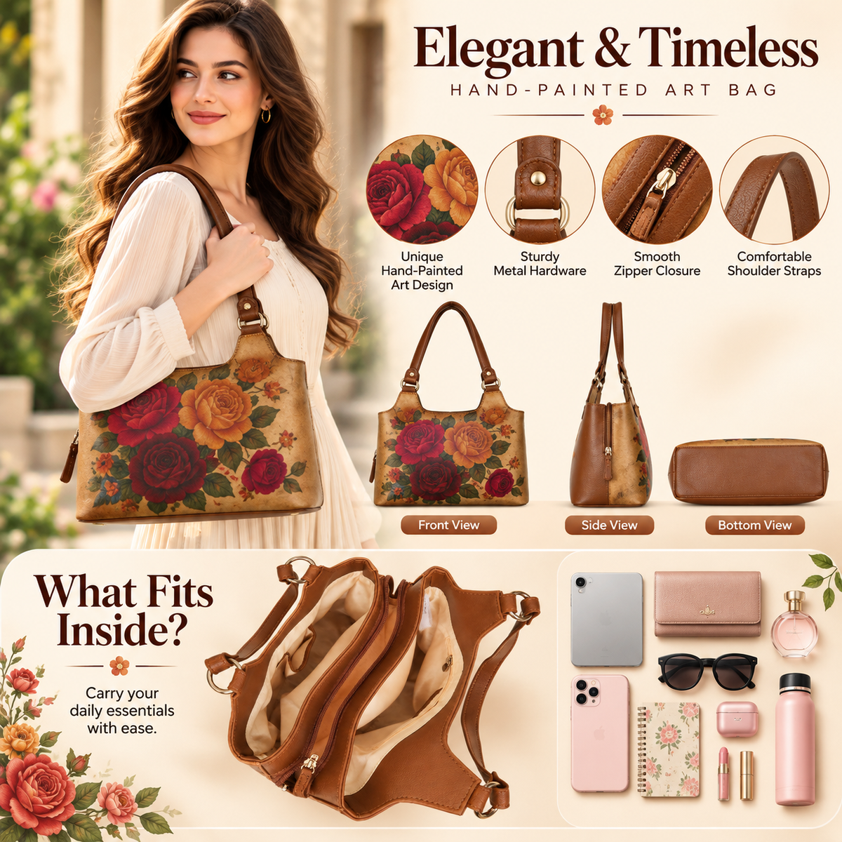 Printed Vegan Leather Shoulder Tote Bag for Women – Stylish Top Handle Handbag Purse– Travel, Office & Daily Use
