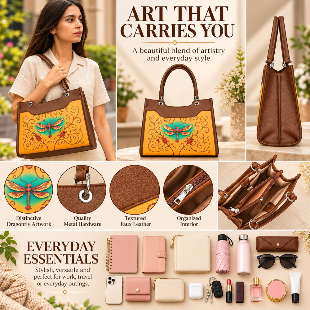 Women’s Printed Vegan Leather Satchel Handbag – Vegan Shoulder & Top Handle Bag – Office, Work, Travel & Daily Use