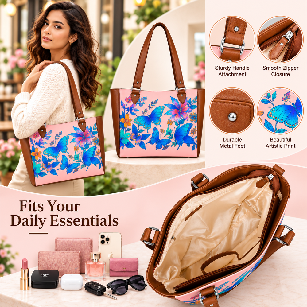 Ladies’ Printed Vegan Leather Shoulder Tote Bag– Handbag, Top Handle Purse for Women – Ideal for Office, Travel & Everyday Use
