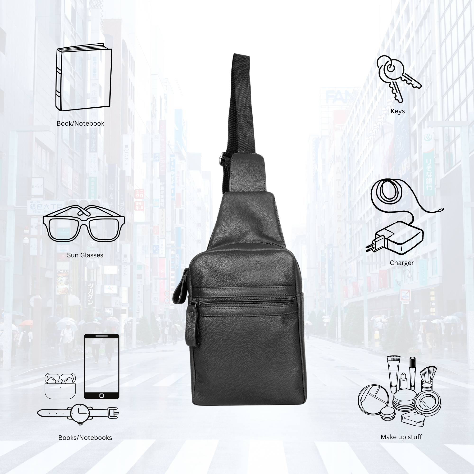 Premium Leather Fanny Sling Bag For Women Men Chest Pack Crossbody Shoulder Belt Bags Travel-Black