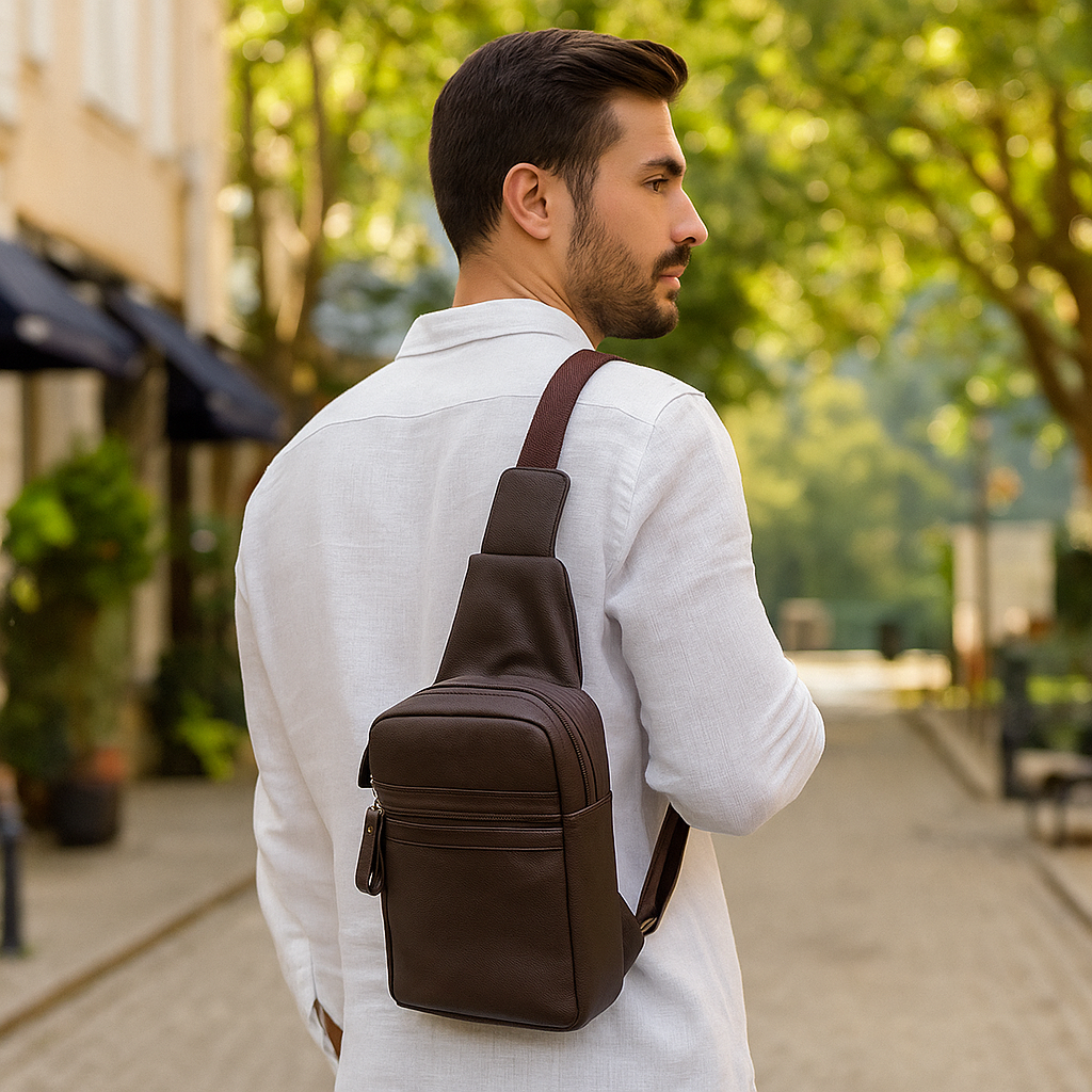 Premium Leather Fanny Sling Bag For Women Men Chest Pack Crossbody Shoulder Belt Bags Travel-Brown