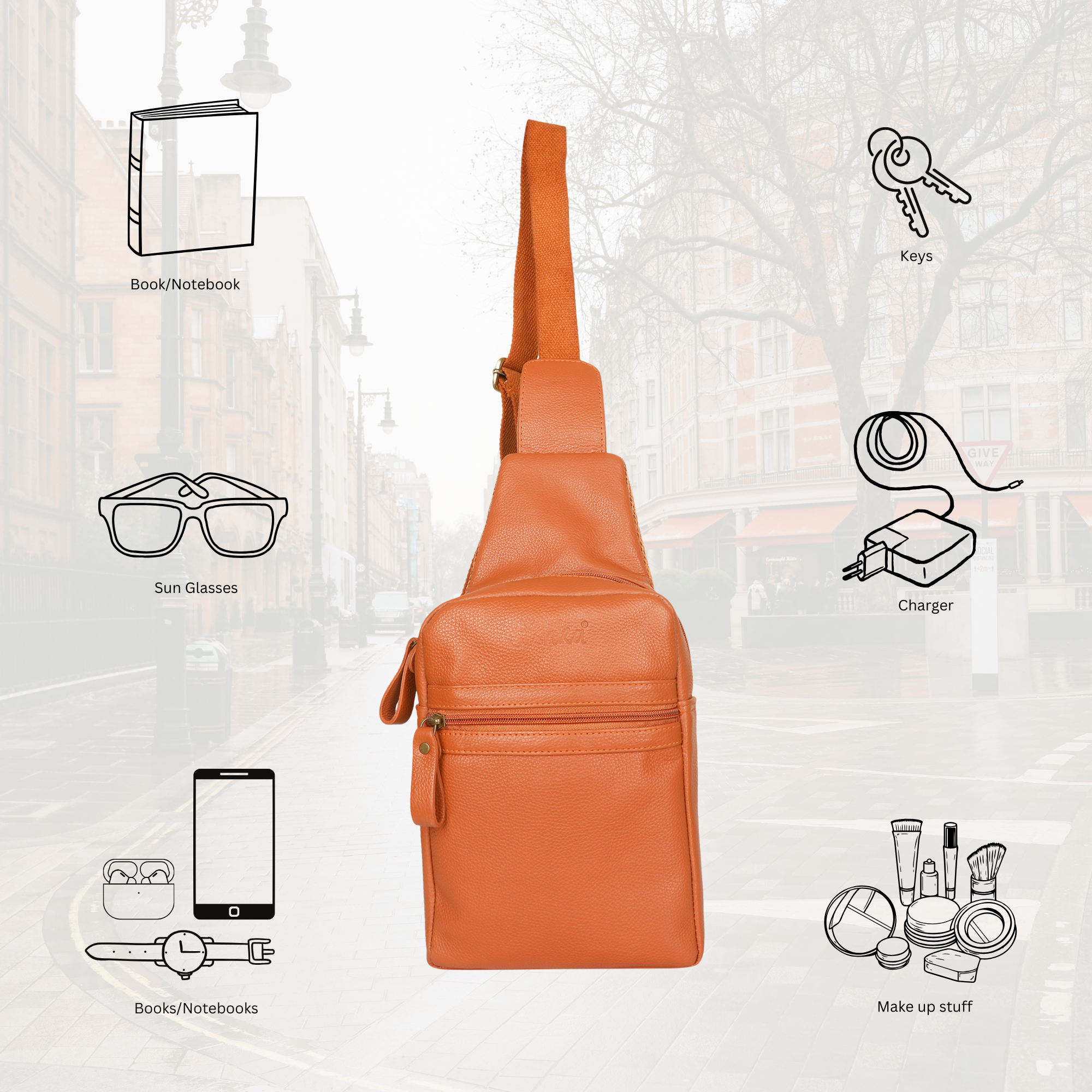 Premium Leather Fanny Sling Bag For Women Men Chest Pack Crossbody Shoulder Belt Bags Travel-Tan