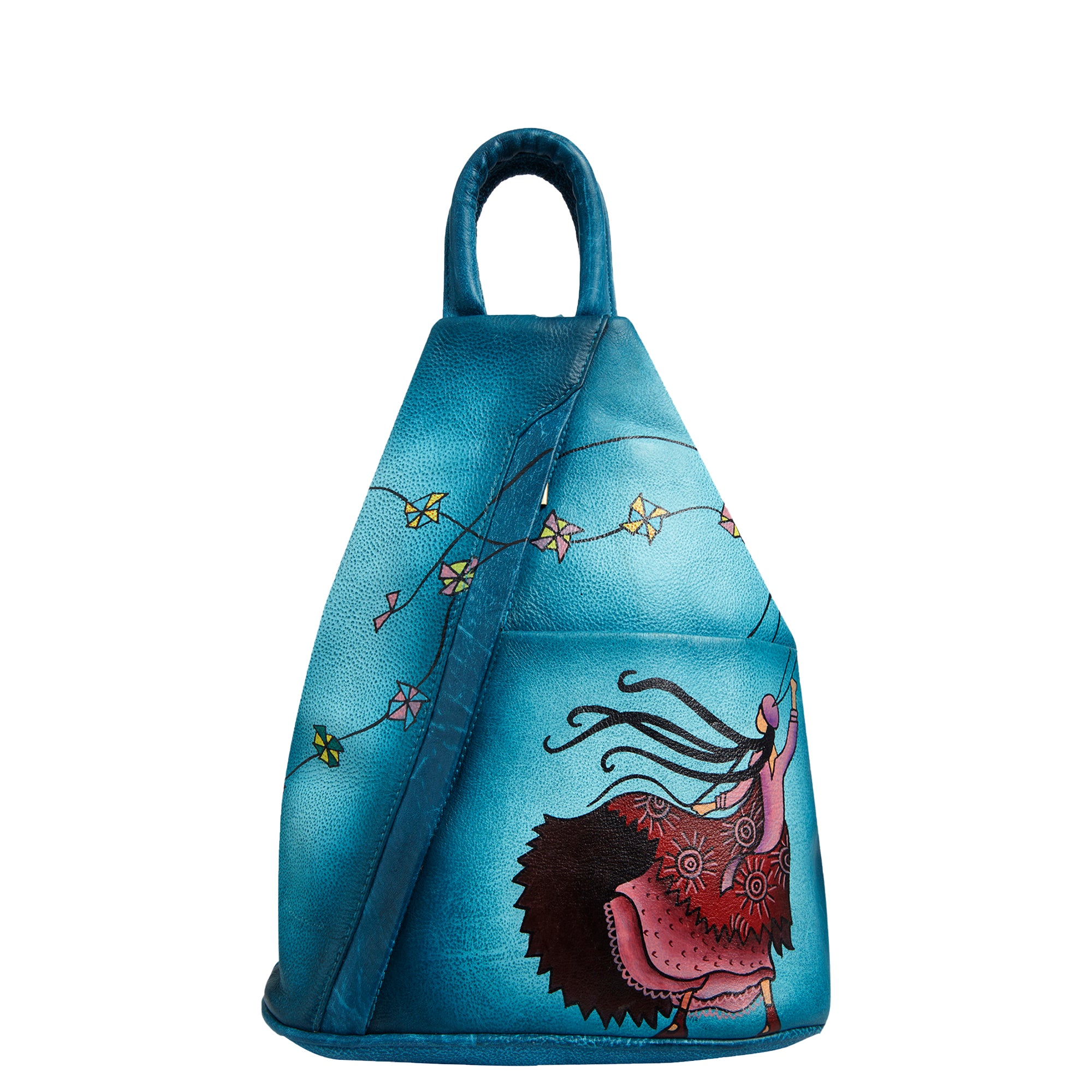 Turquoise Triangle Hand‑Painted Women's Genuine Leather Backpack