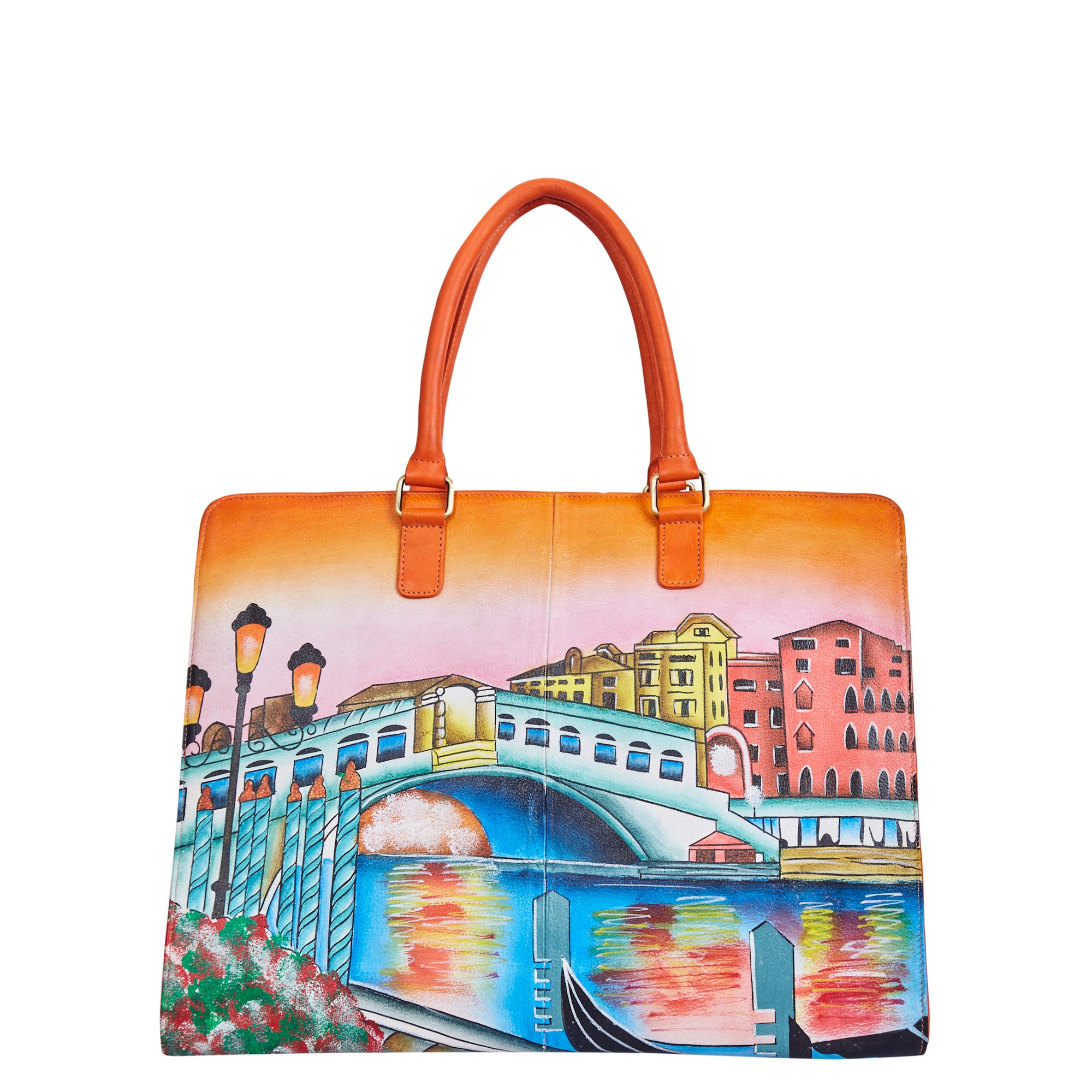 Hand-Painted Leather Satchel Business Bag – Venice Cityscape Artwork