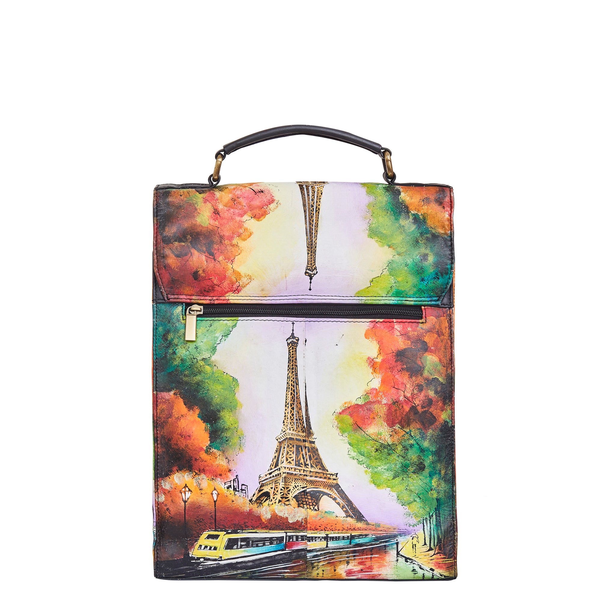 Hand-Painted Women's Leather Crossbody – Eiffel Tower Art, Stylish & Spacious Satchel with Detachable Straps.