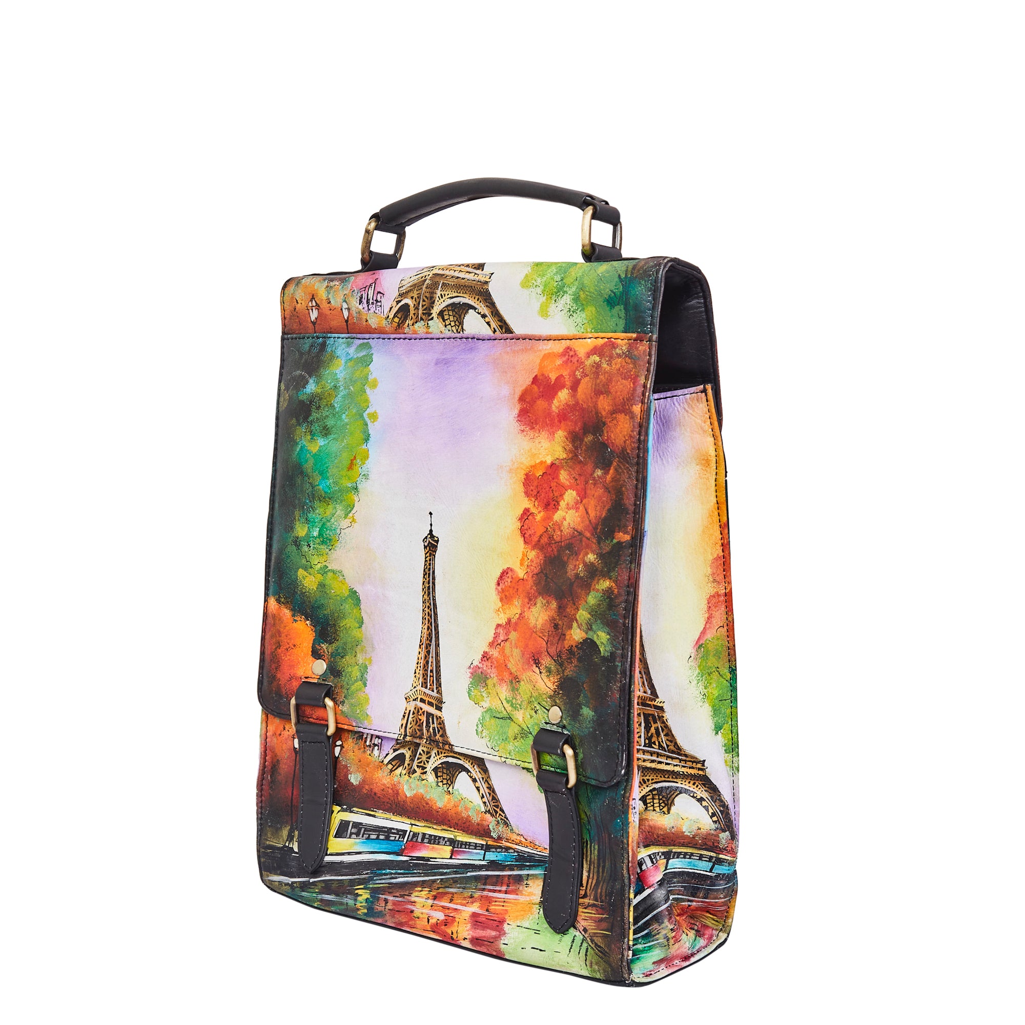 Hand-Painted Women's Leather Crossbody – Eiffel Tower Art, Stylish & Spacious Satchel with Detachable Straps.
