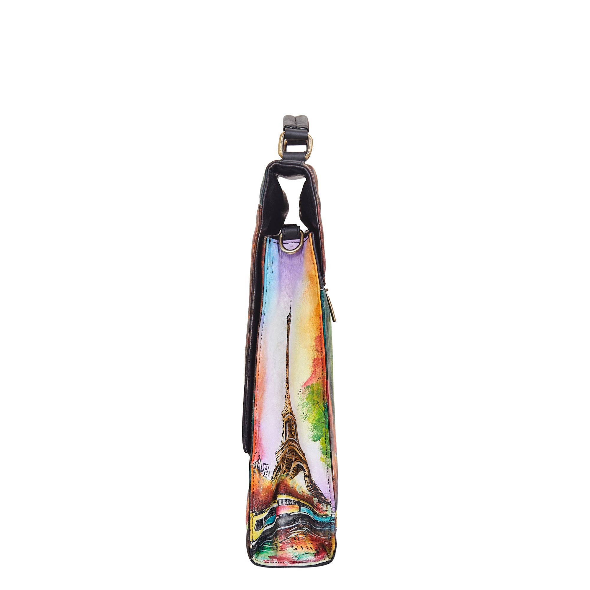 Hand-Painted Women's Leather Crossbody – Eiffel Tower Art, Stylish & Spacious Satchel with Detachable Straps.