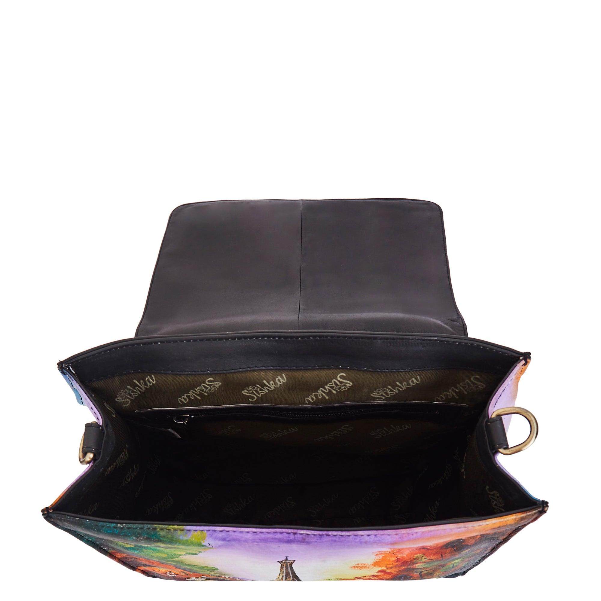 Hand-Painted Women's Leather Crossbody – Eiffel Tower Art, Stylish & Spacious Satchel with Detachable Straps.