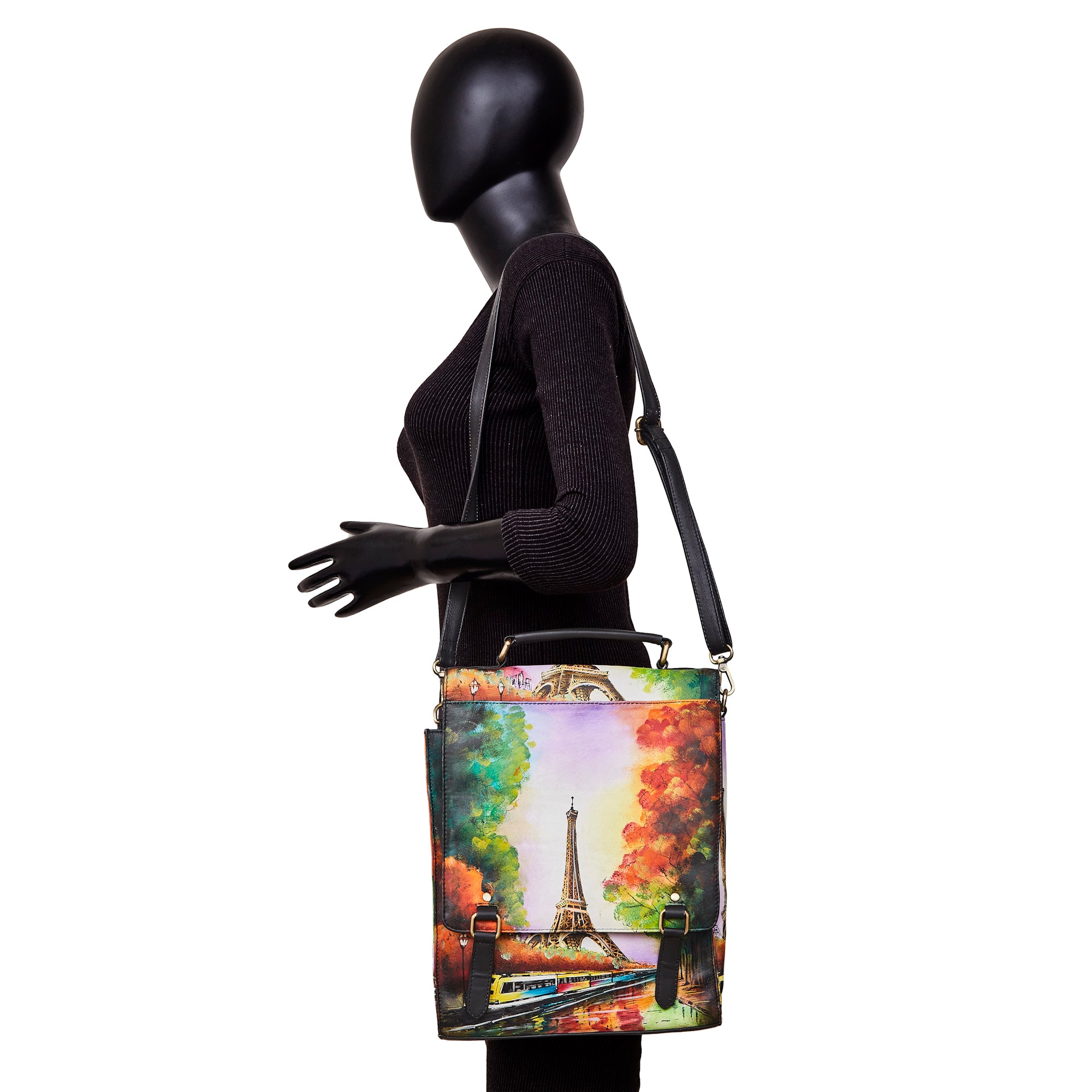 Hand-Painted Women's Leather Crossbody – Eiffel Tower Art, Stylish & Spacious Satchel with Detachable Straps.