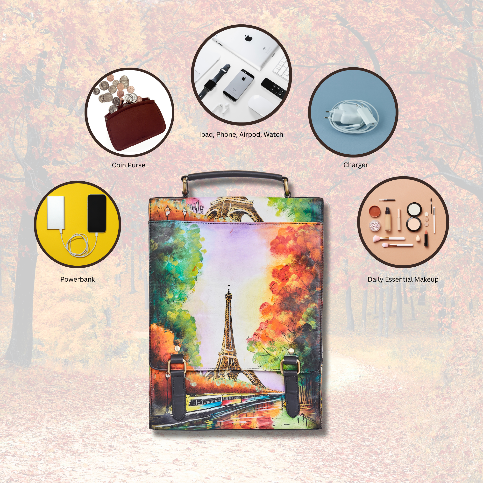 Hand-Painted Women's Leather Crossbody – Eiffel Tower Art, Stylish & Spacious Satchel with Detachable Straps.