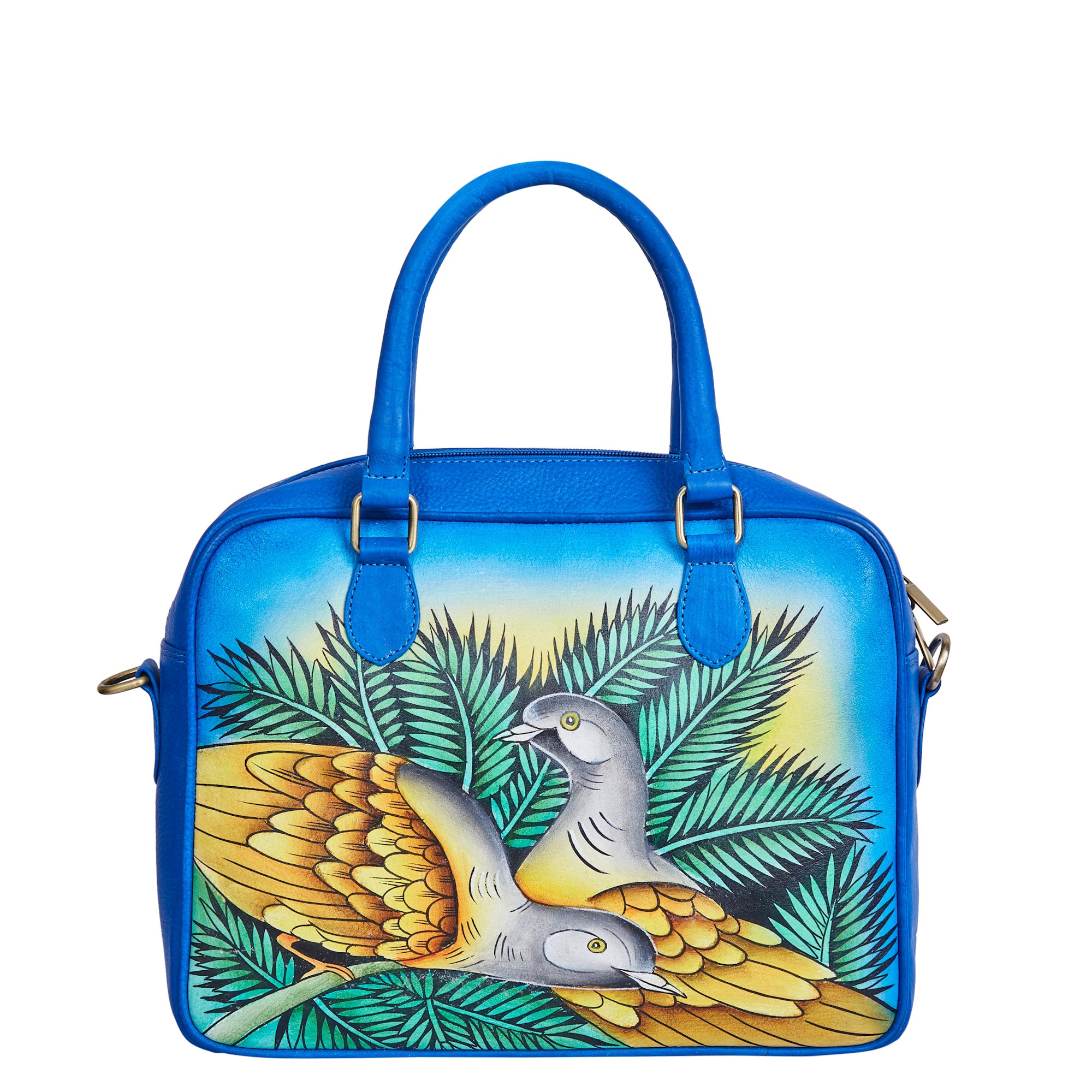 Blue Hand-Painted Women Leather Handbag – Elegant Bird & Leaf Design