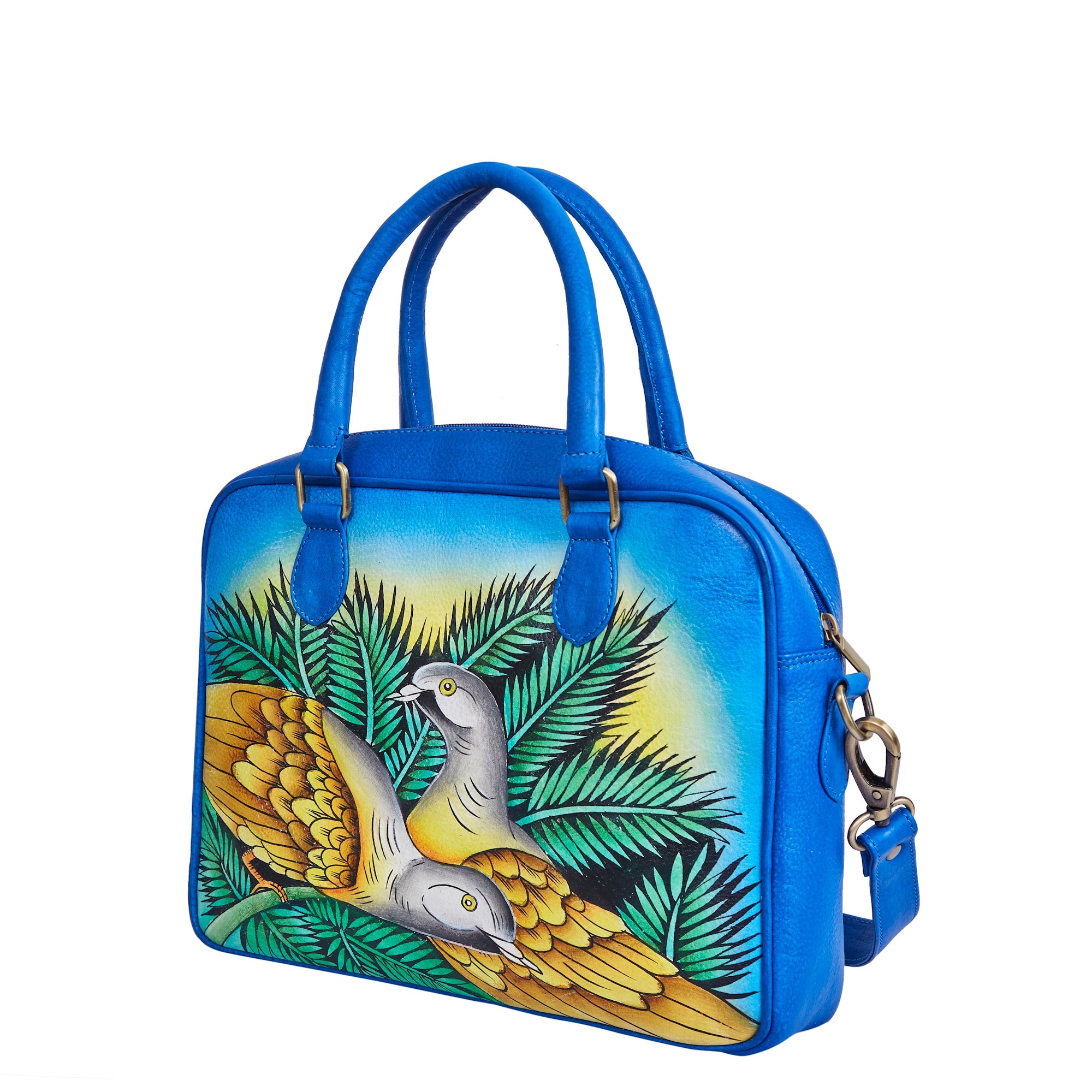 Blue Hand-Painted Women Leather Handbag – Elegant Bird & Leaf Design