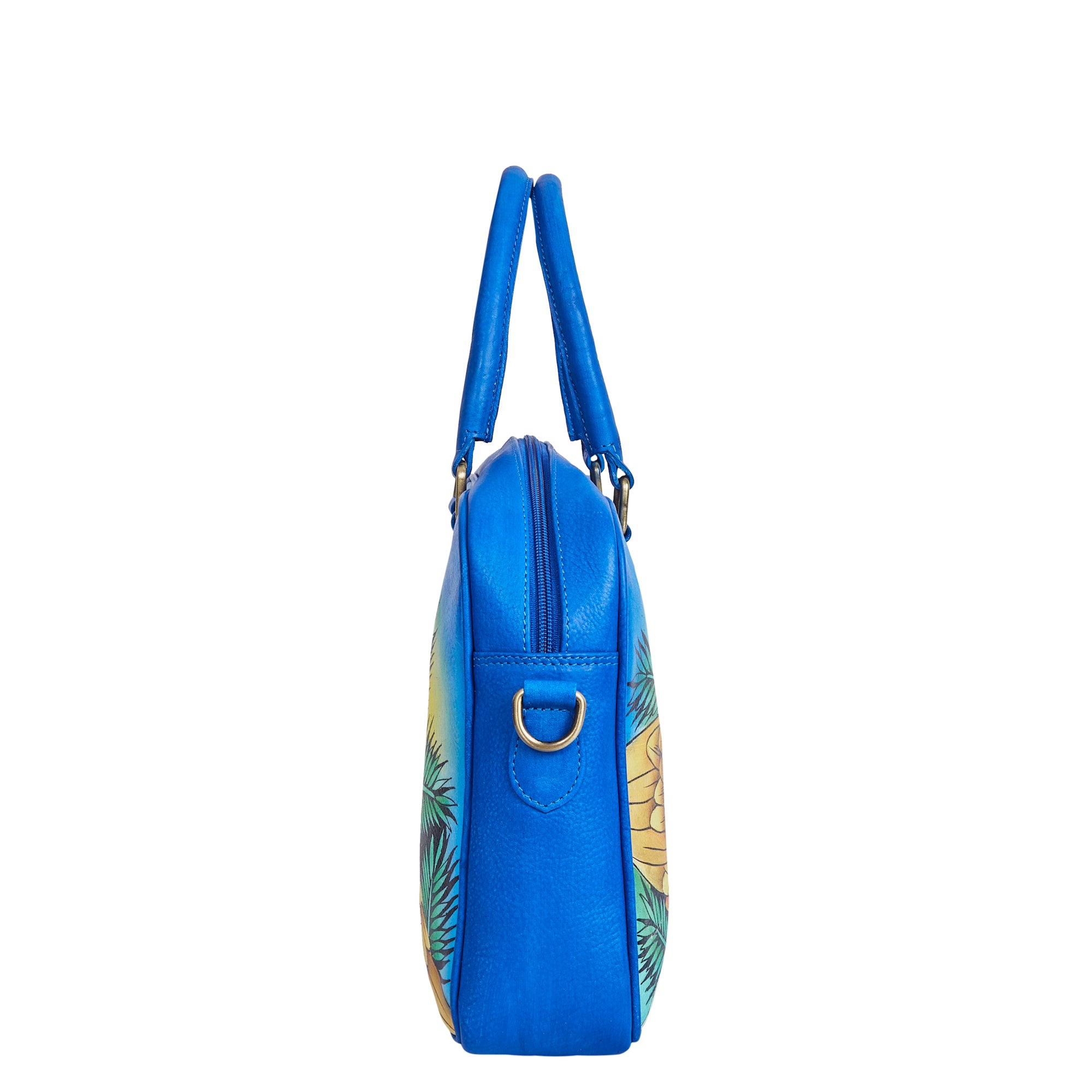 Blue Hand-Painted Women Leather Handbag – Elegant Bird & Leaf Design
