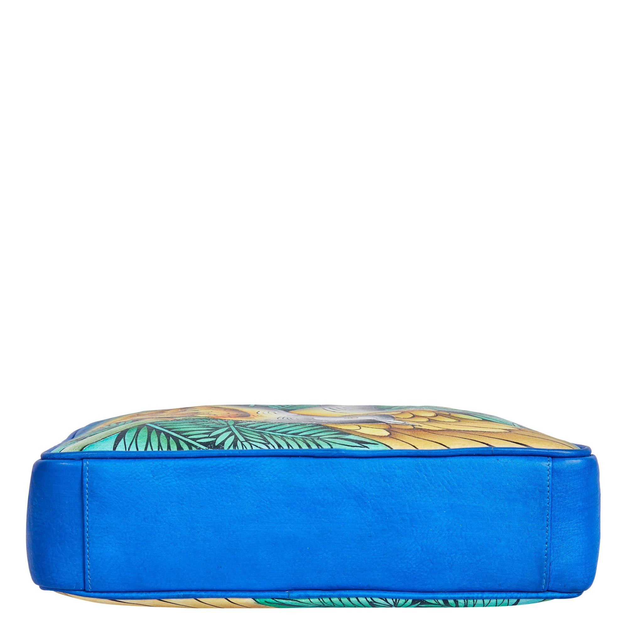 Blue Hand-Painted Women Leather Handbag – Elegant Bird & Leaf Design
