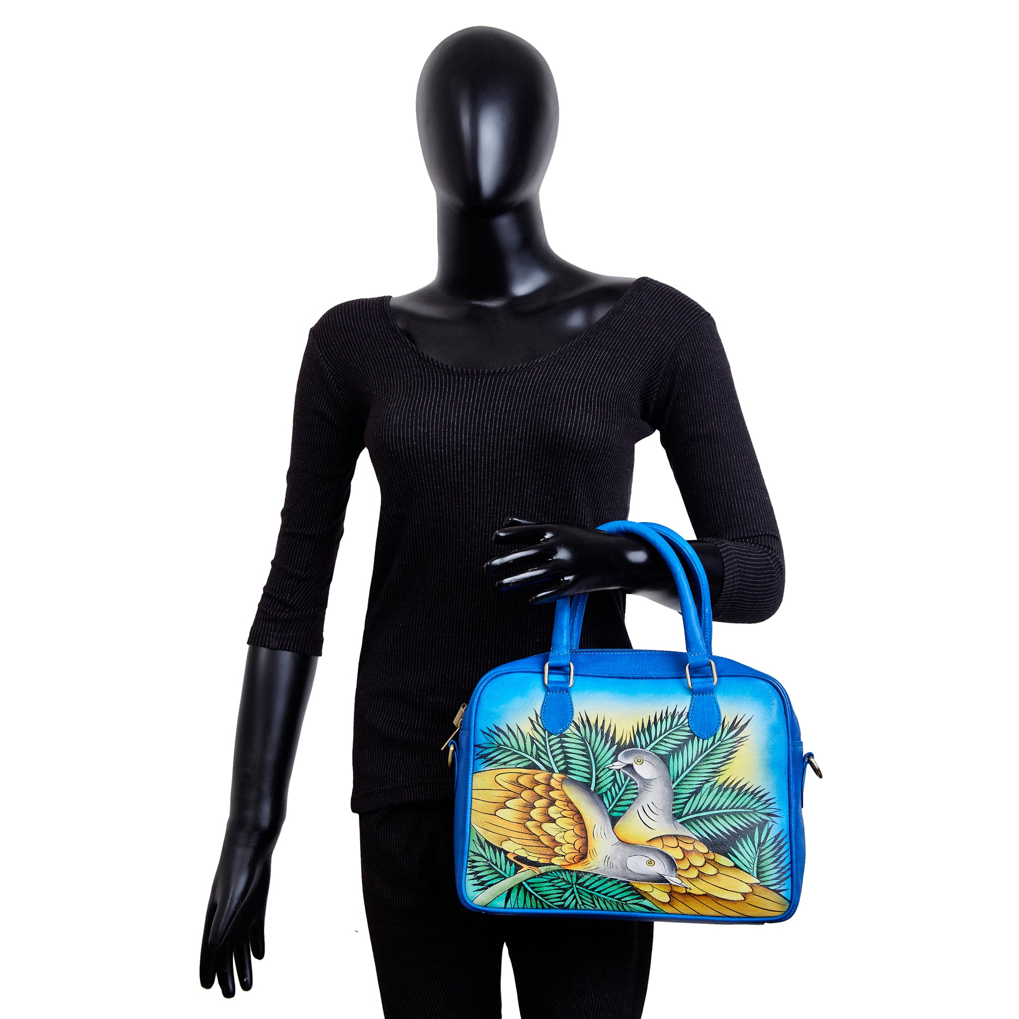 Blue Hand-Painted Women Leather Handbag – Elegant Bird & Leaf Design