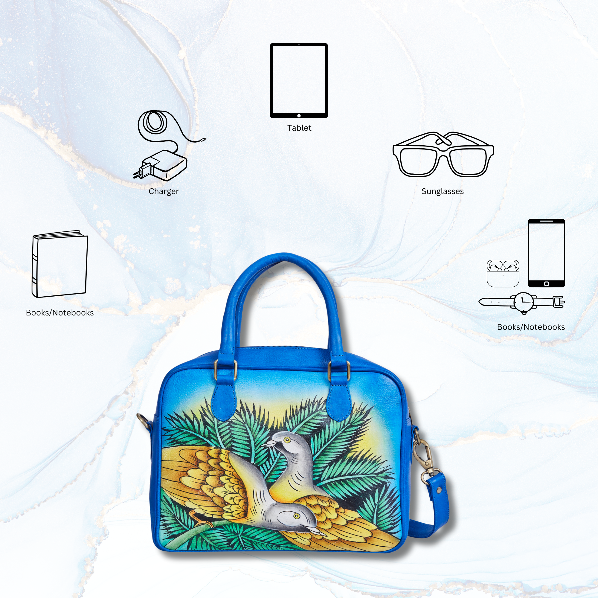 Blue Hand-Painted Women Leather Handbag – Elegant Bird & Leaf Design