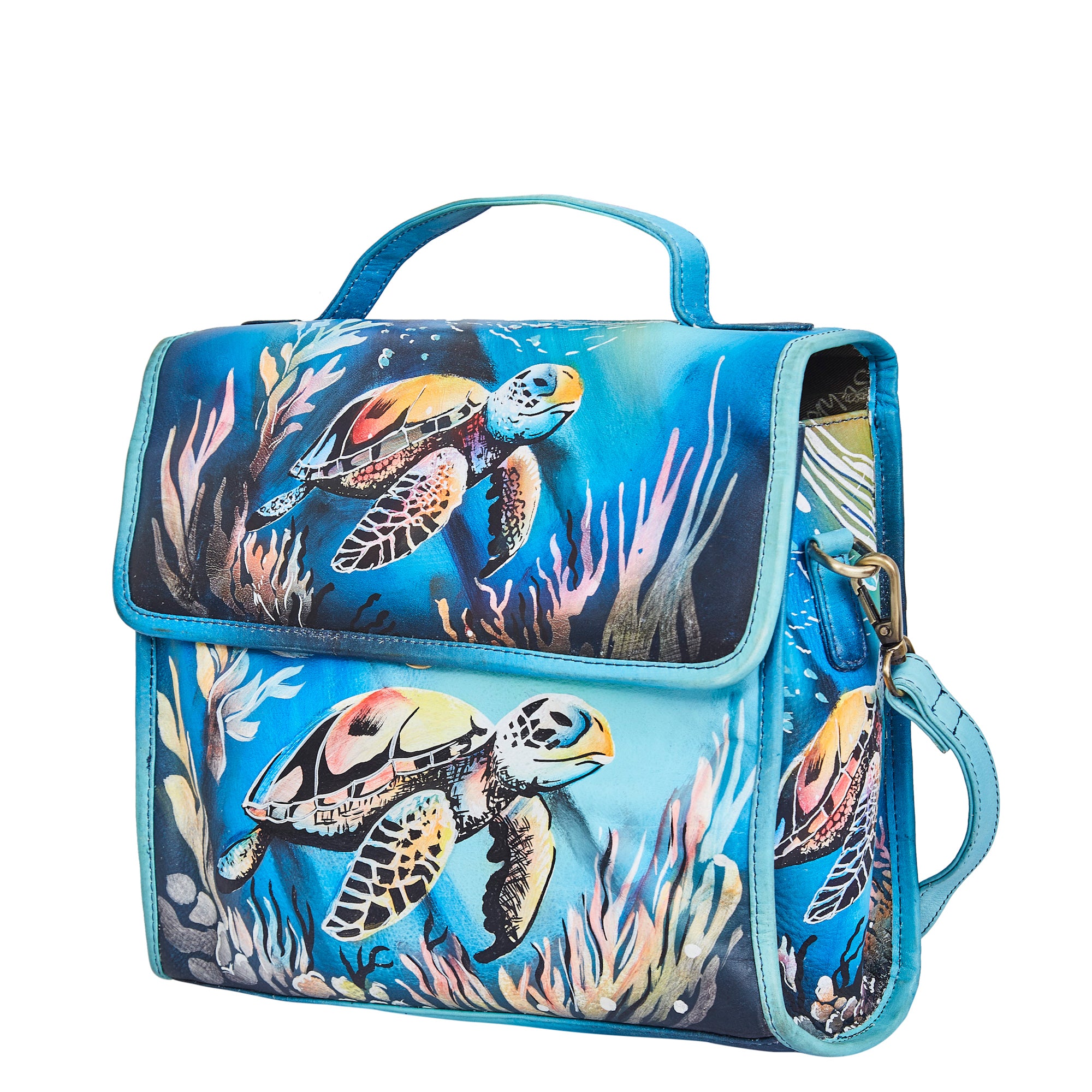 Turtle Art Hand-Painted Blue Leather Satchel Shoulder Bag