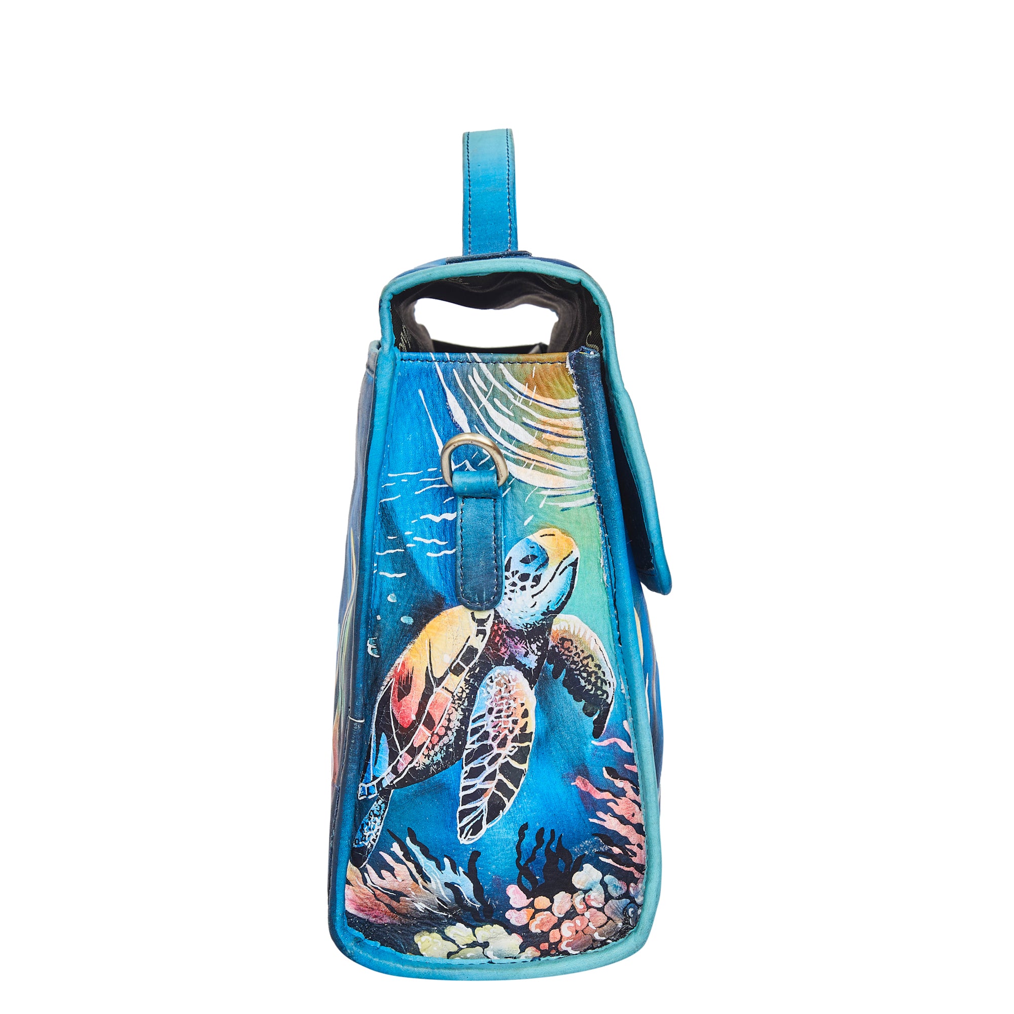Turtle Art Hand-Painted Blue Leather Satchel Shoulder Bag