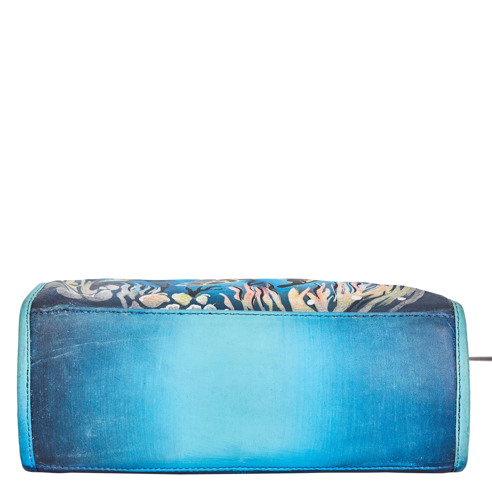 Turtle Art Hand-Painted Blue Leather Satchel Shoulder Bag