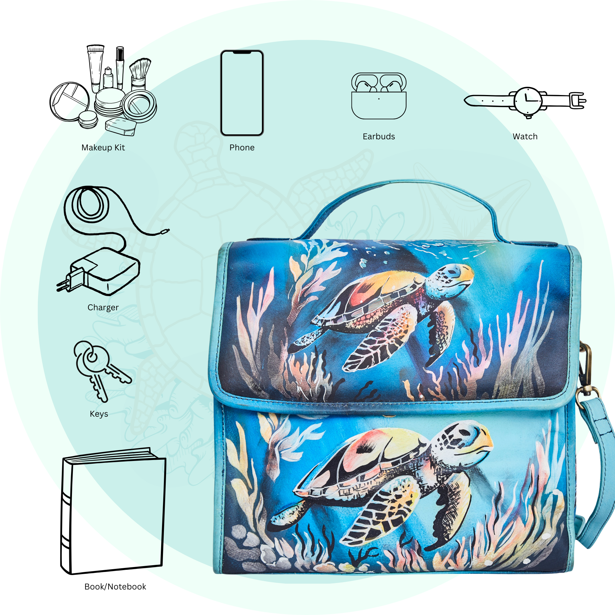 Turtle Art Hand-Painted Blue Leather Satchel Shoulder Bag