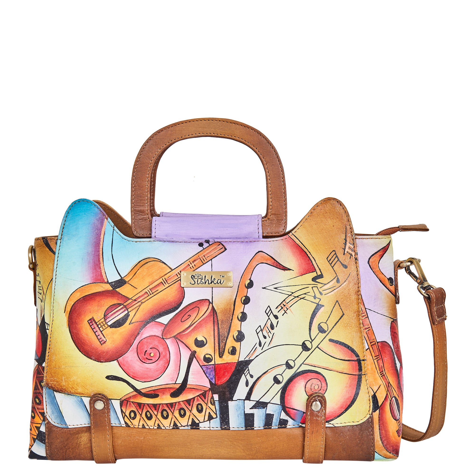 Hand-Painted Women's Leather Satchel – Brown Shoulder Purse with Music Art