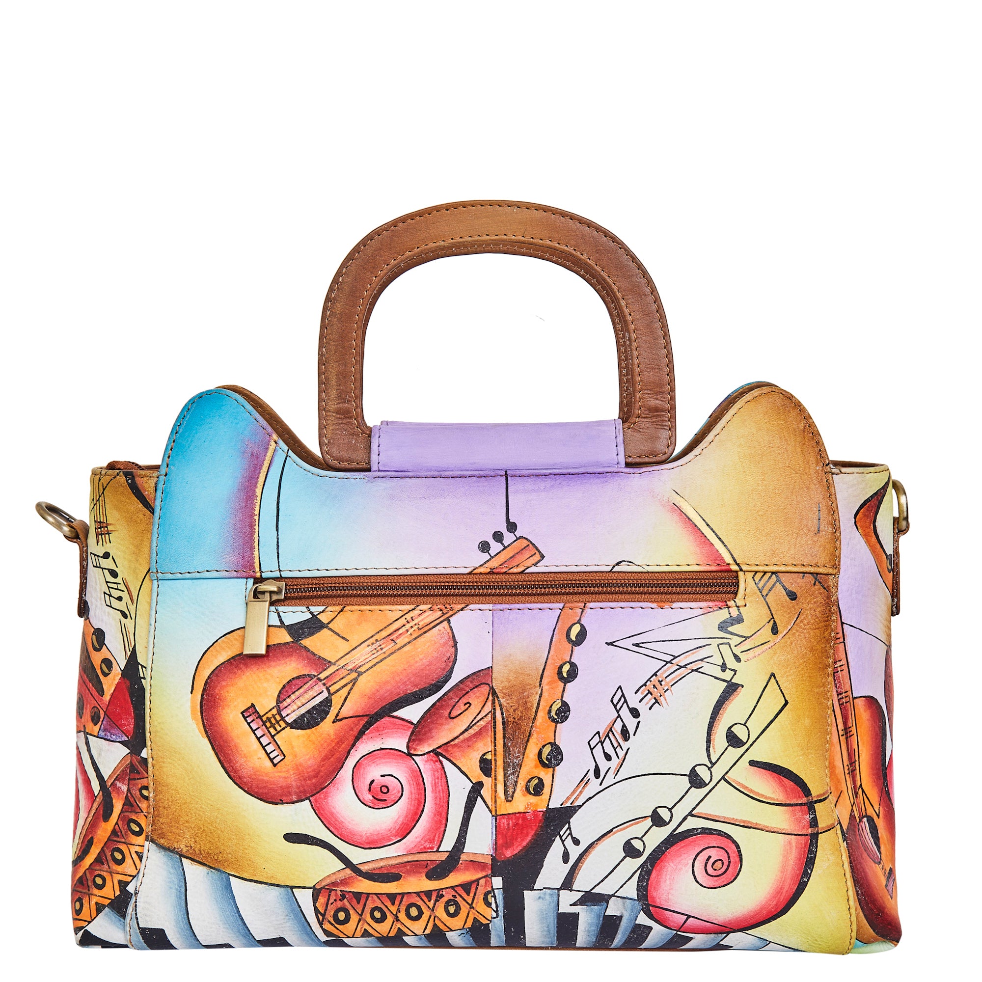Hand-Painted Women's Leather Satchel – Brown Shoulder Purse with Music Art