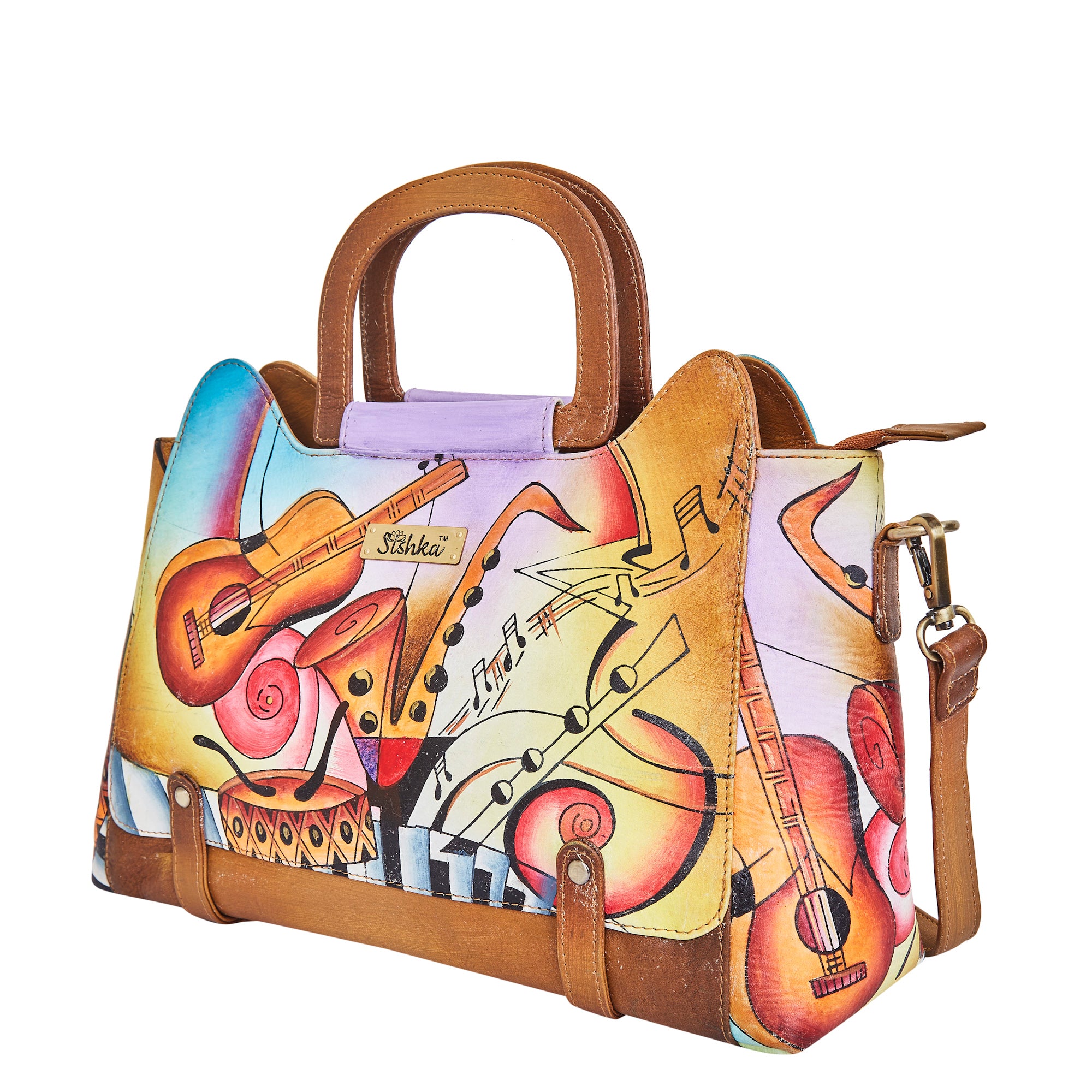 Hand-Painted Women's Leather Satchel – Brown Shoulder Purse with Music Art