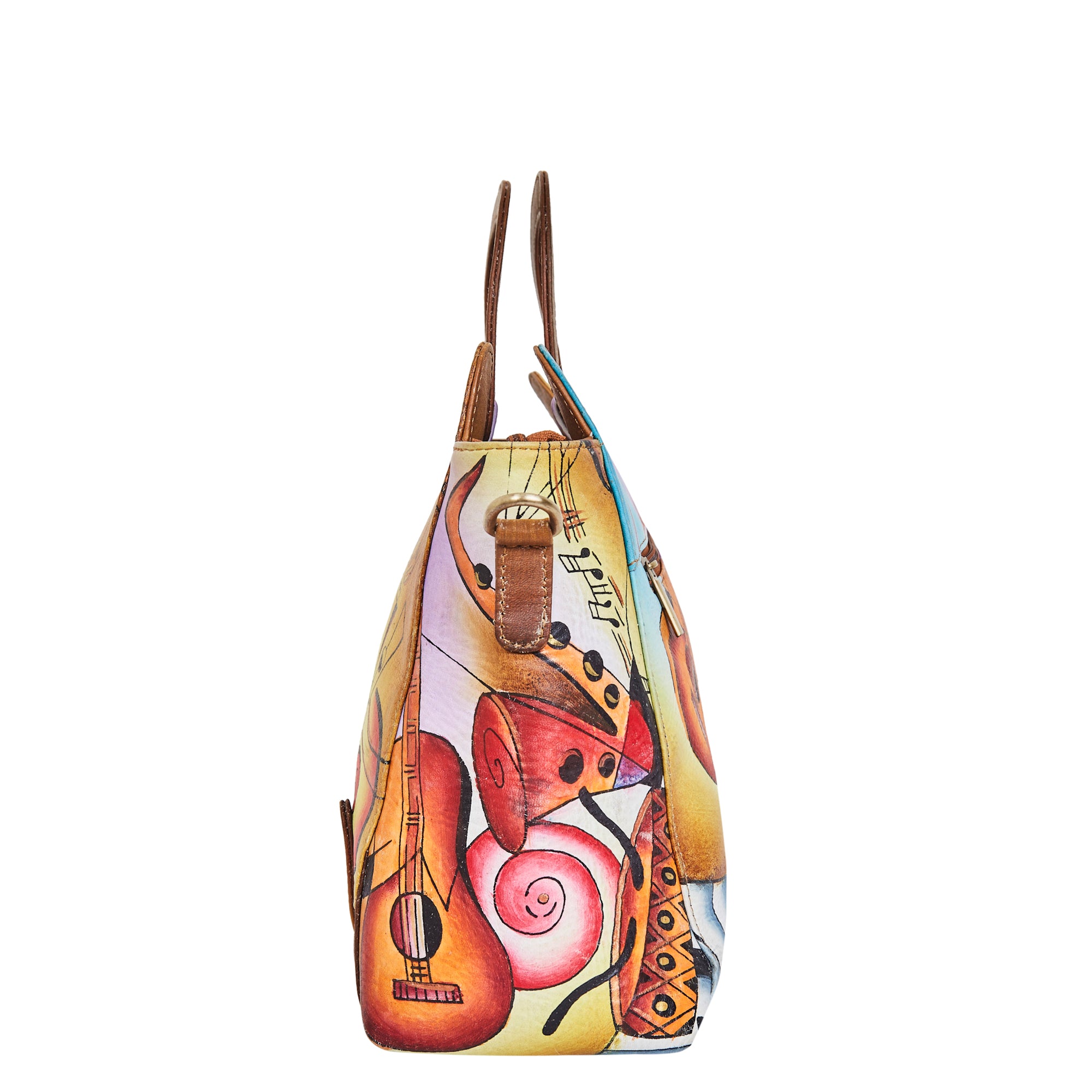 Hand-Painted Women's Leather Satchel – Brown Shoulder Purse with Music Art