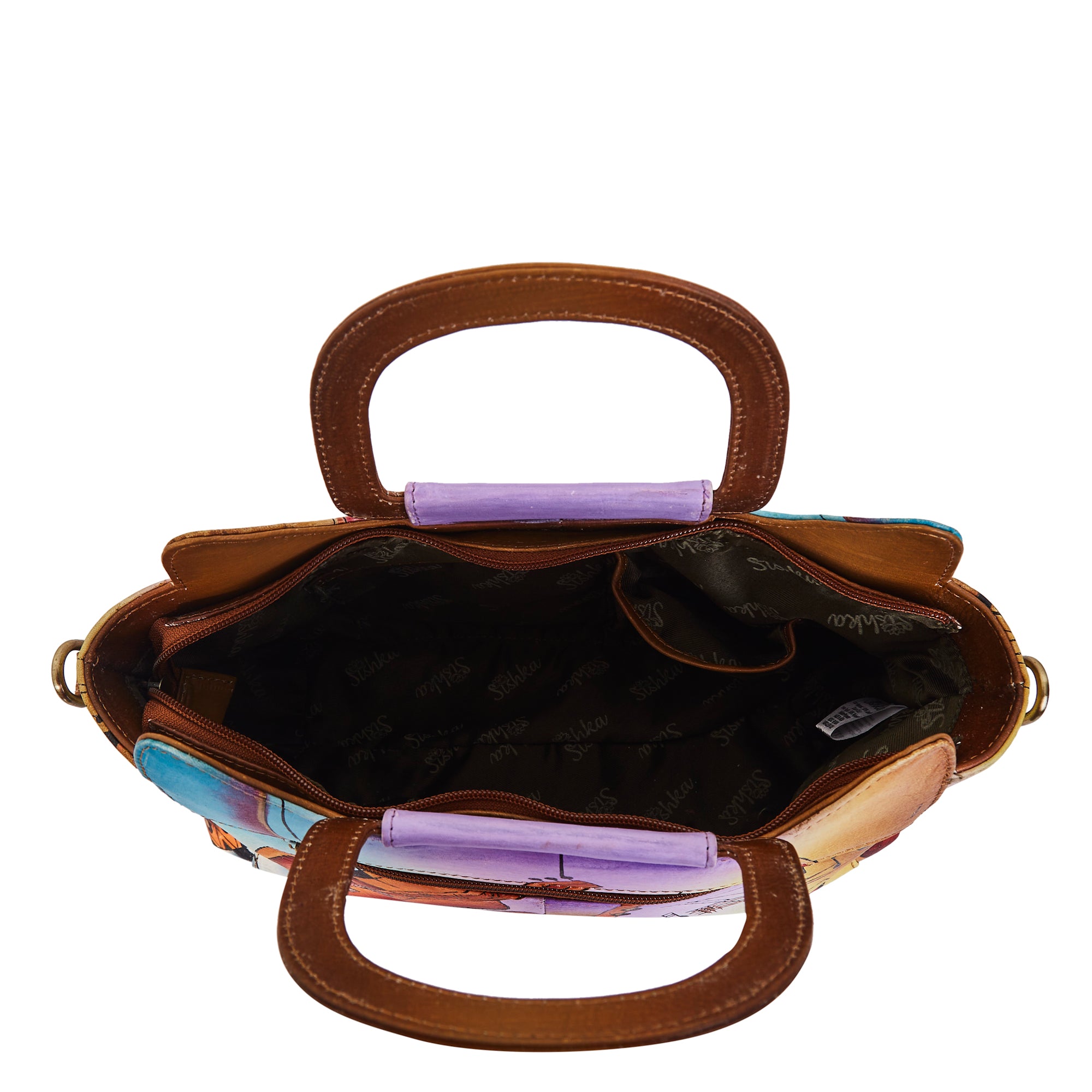 Hand-Painted Women's Leather Satchel – Brown Shoulder Purse with Music Art