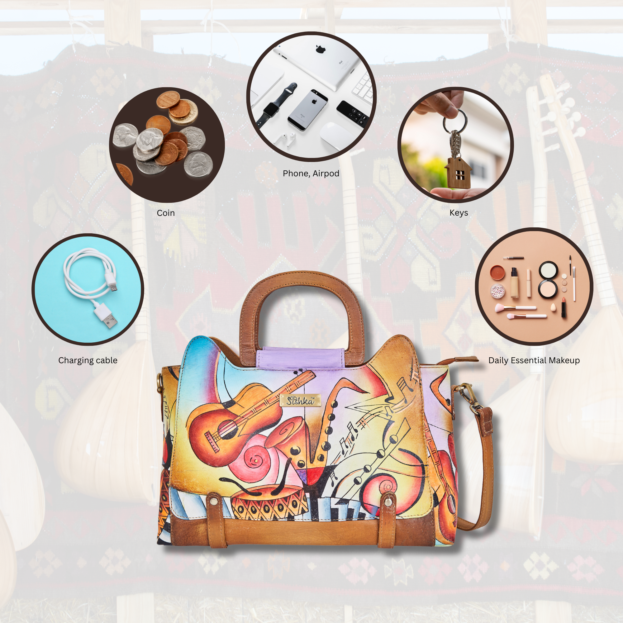 Hand-Painted Women's Leather Satchel – Brown Shoulder Purse with Music Art