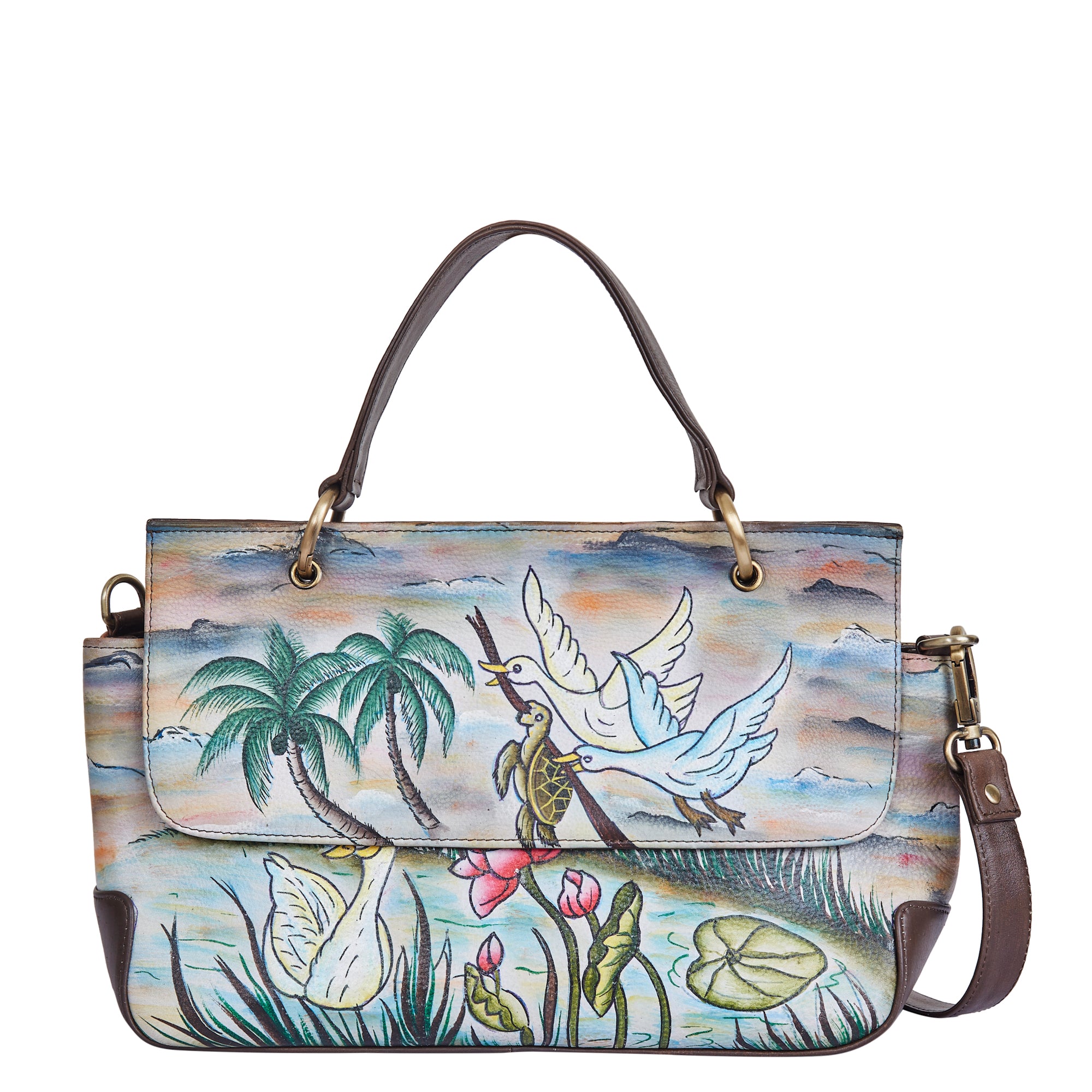Swan & Turtle Art Hand-Painted Leather Satchel Bag