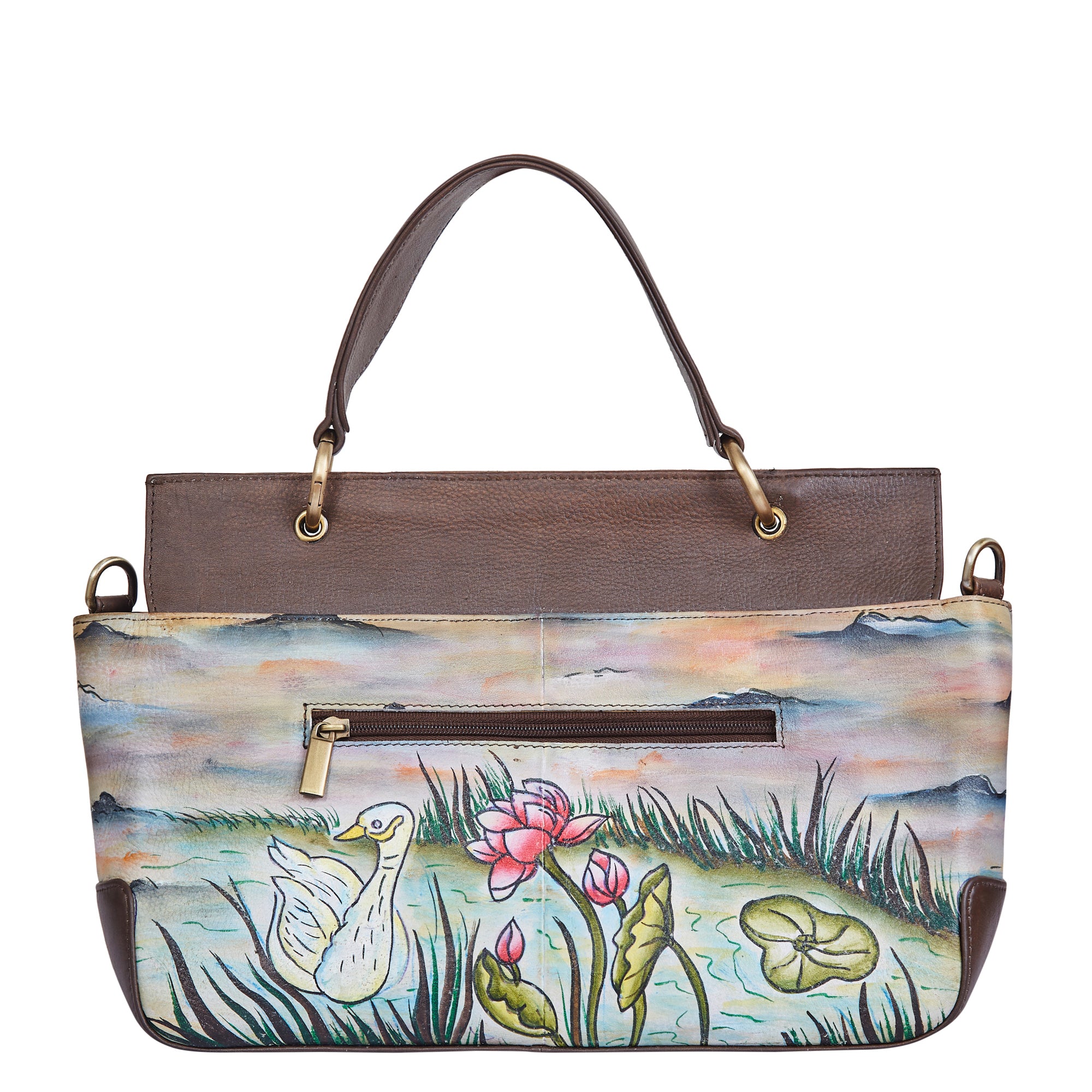 Swan & Turtle Art Hand-Painted Leather Satchel Bag
