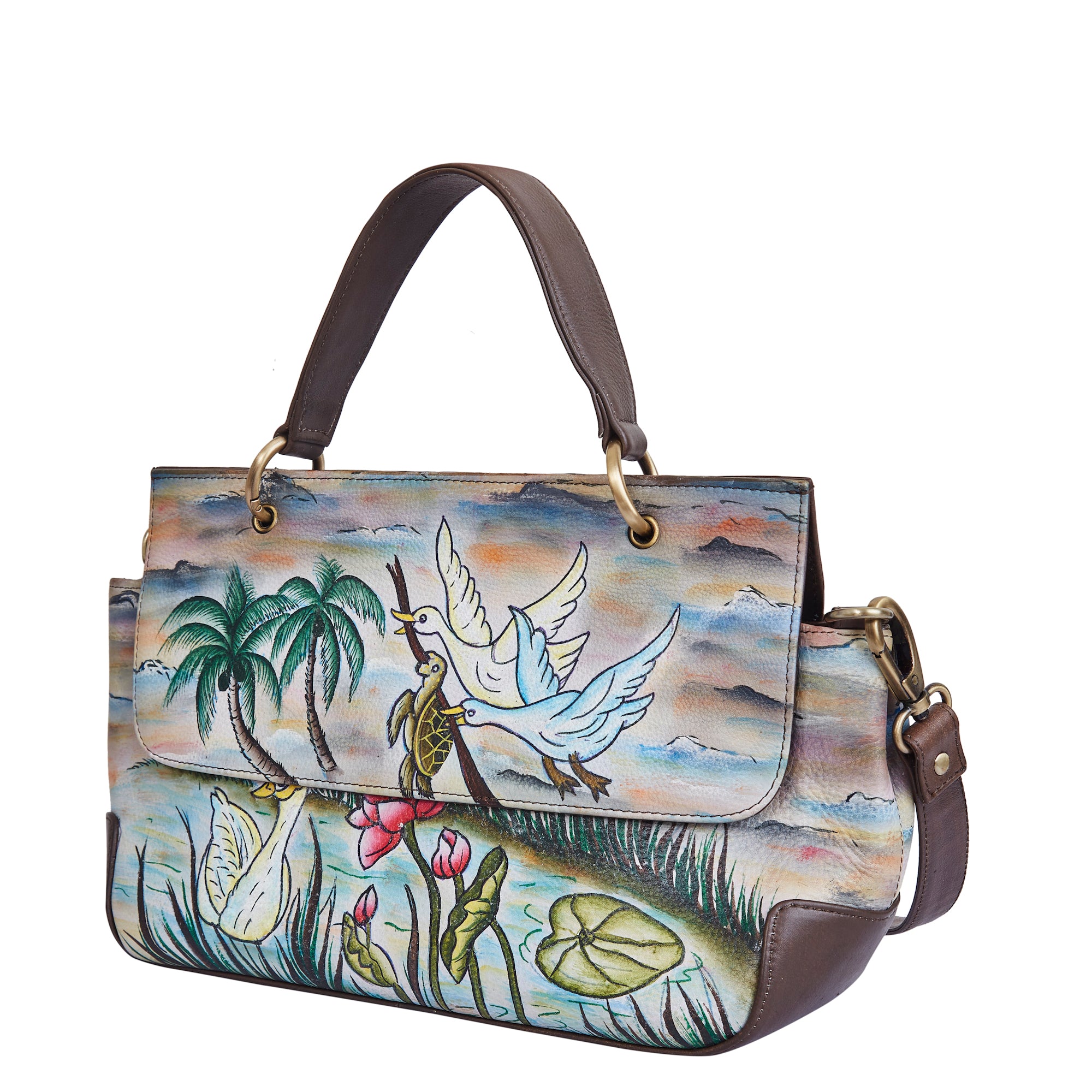 Swan & Turtle Art Hand-Painted Leather Satchel Bag