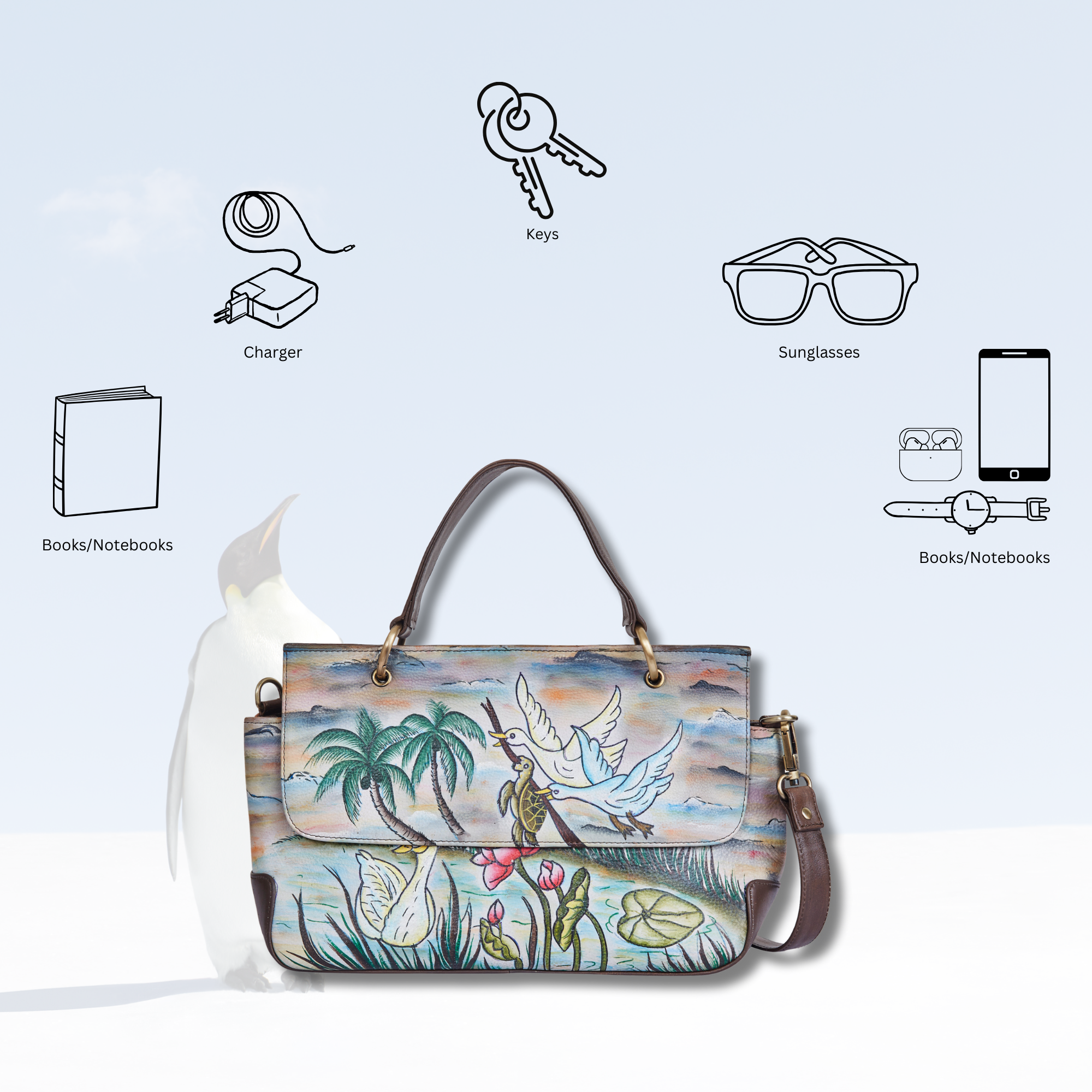 Swan & Turtle Art Hand-Painted Leather Satchel Bag