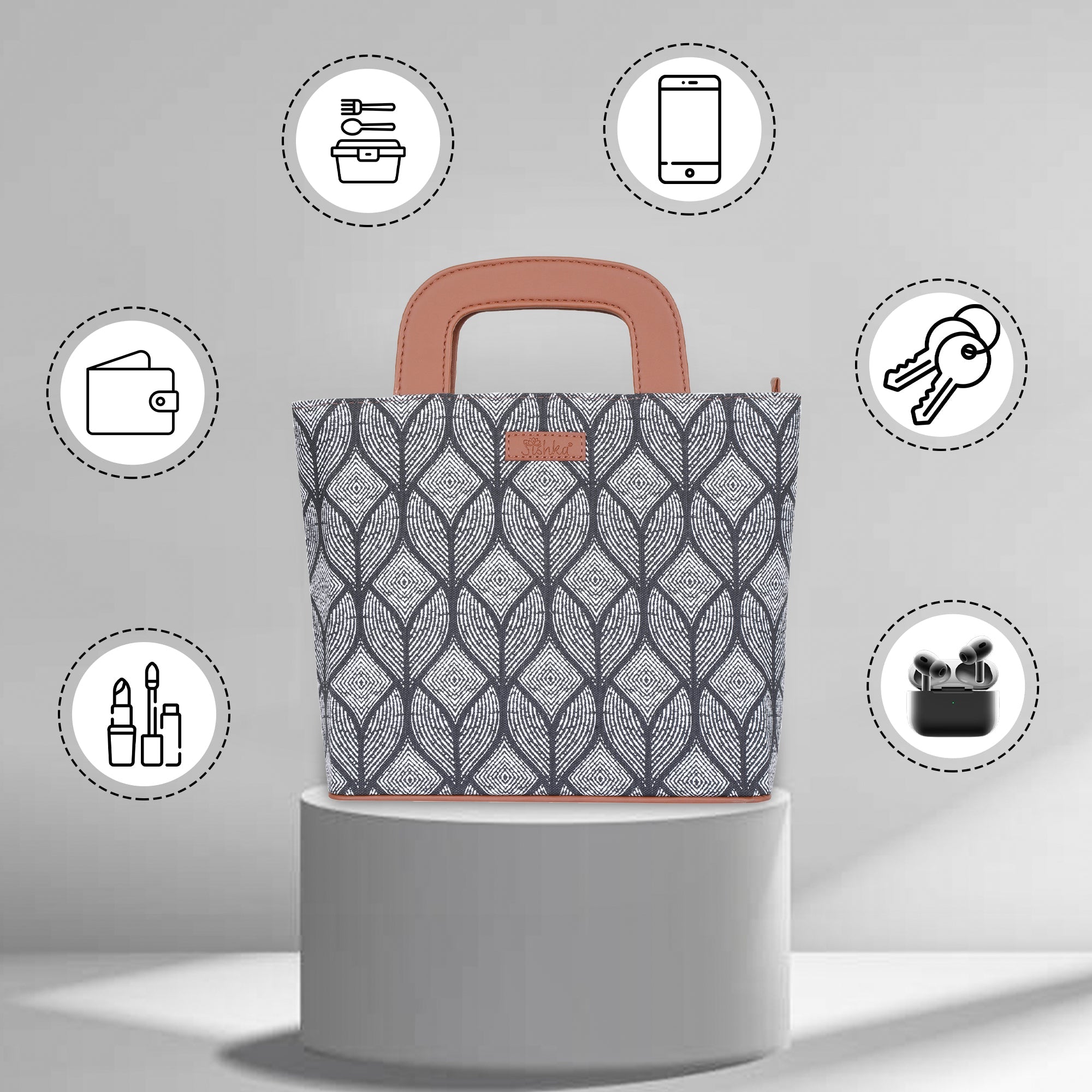 Monochrome Handcrafted Top Handle Handbag – Women’s Printed Satchel Tote for Work & Travel