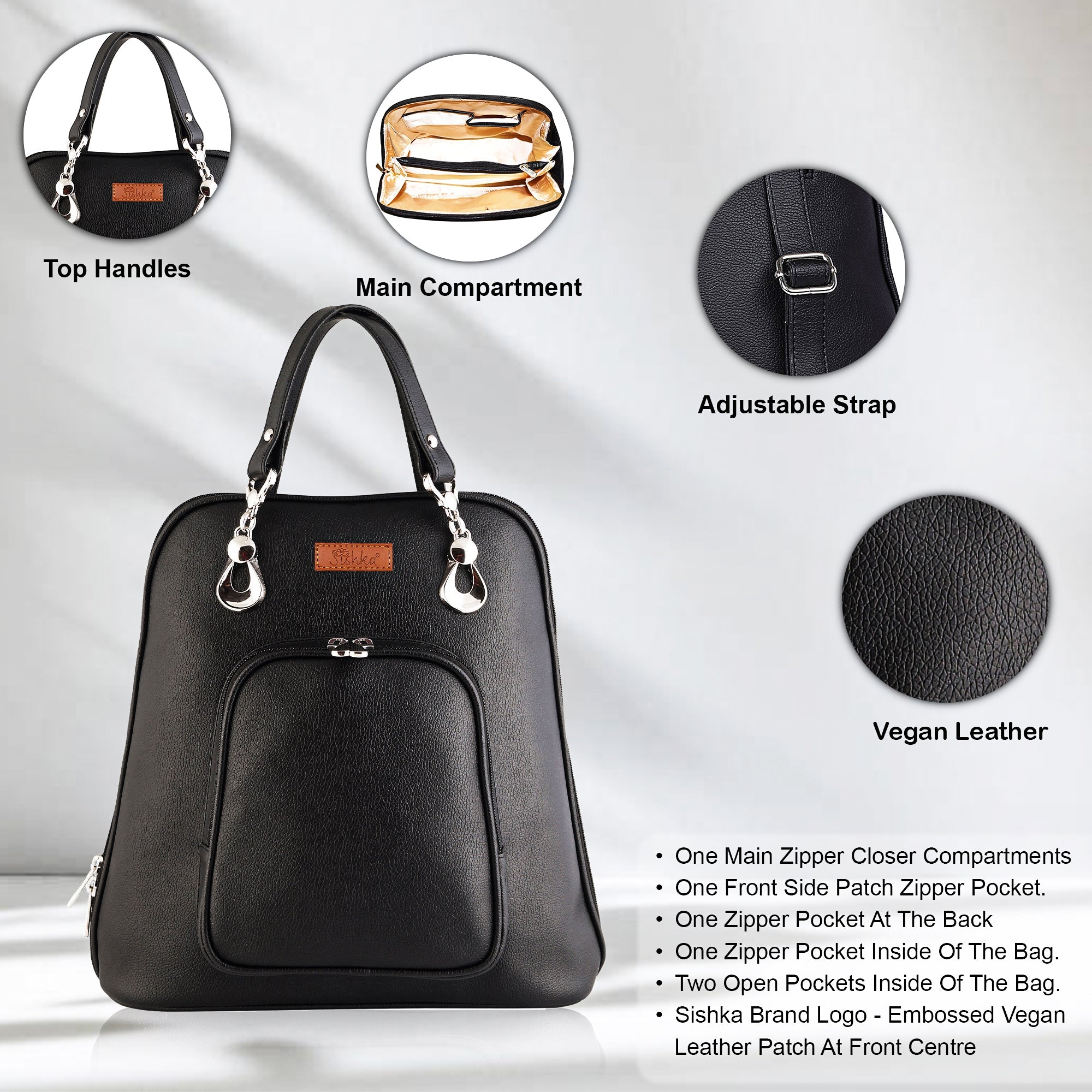 Black Leather Backpack Purse for Women – Handbag & Shoulder Bag for Work