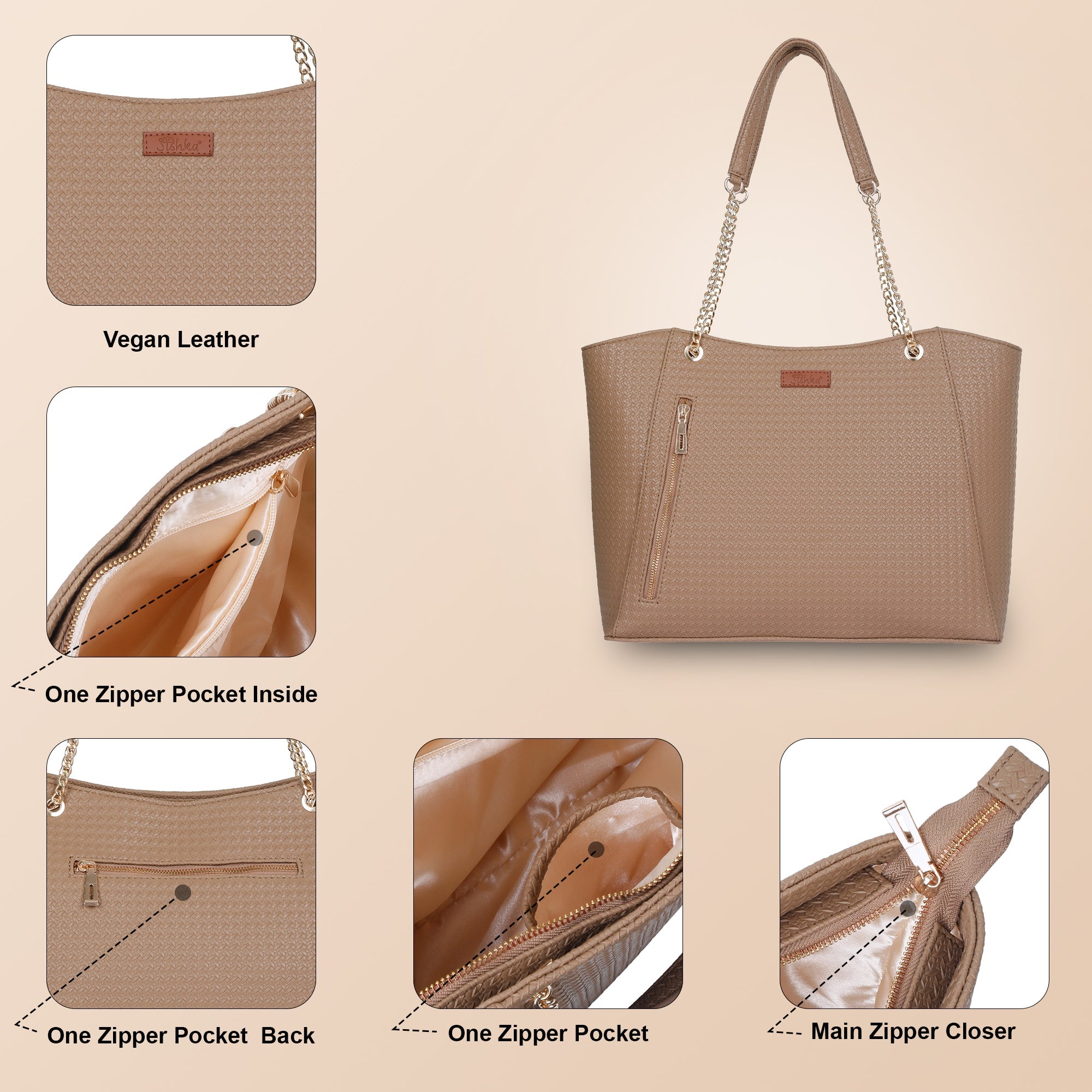 Taupe Vegan Leather Satchel Bag – Women’s Tote Handbag with Chain Handles