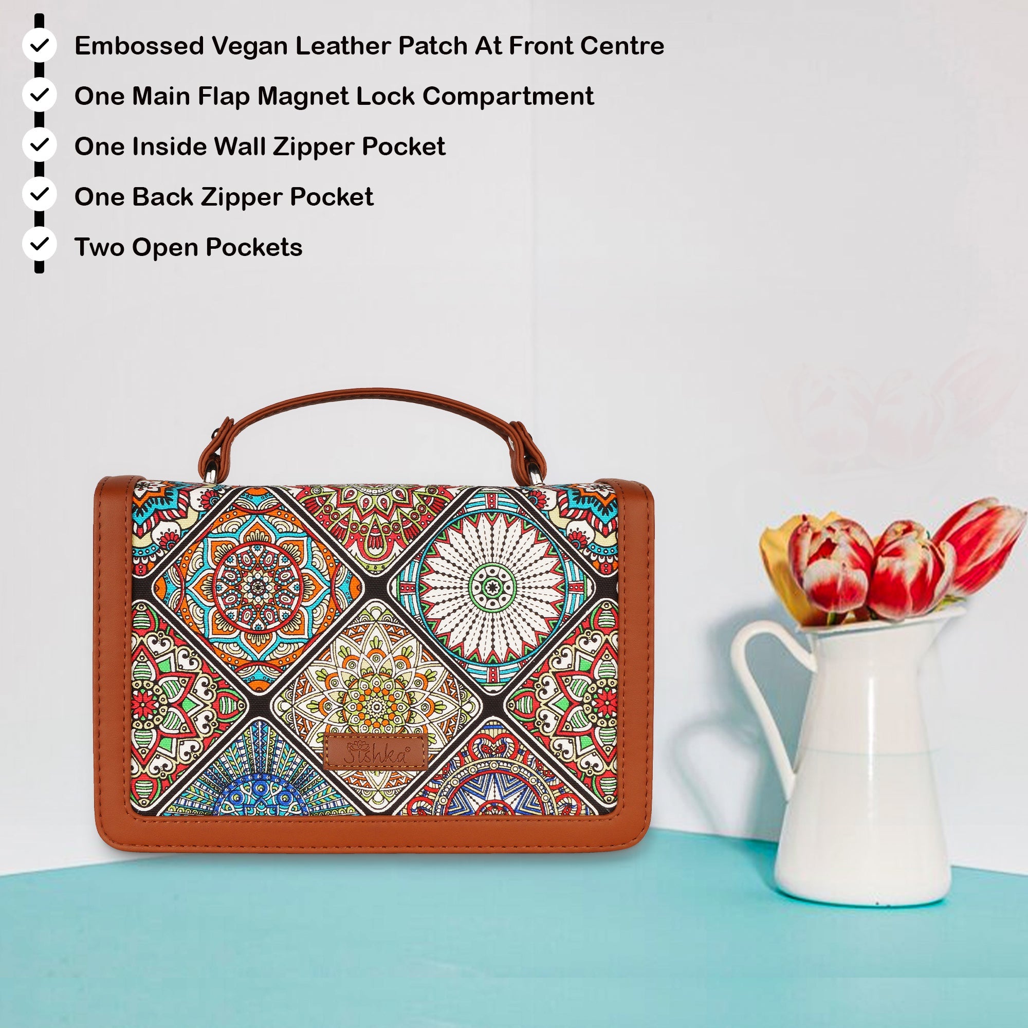 Handcrafted Mandala Print Crossbody Sling Bag – Women’s Fabric Purse with Chain Strap