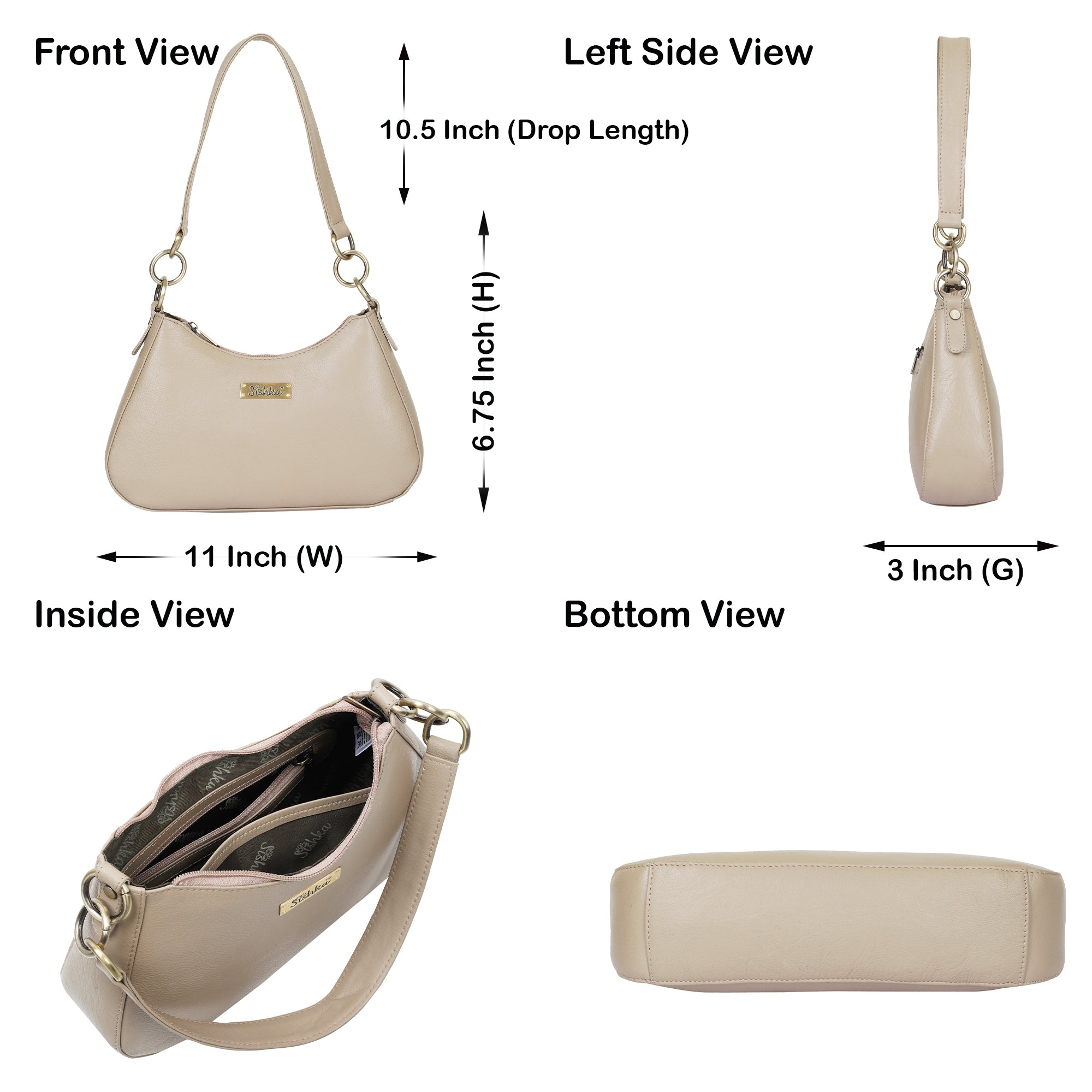 Taupe Genuine Leather Half-Moon Shoulder Bag – Women’s Tote Purse
