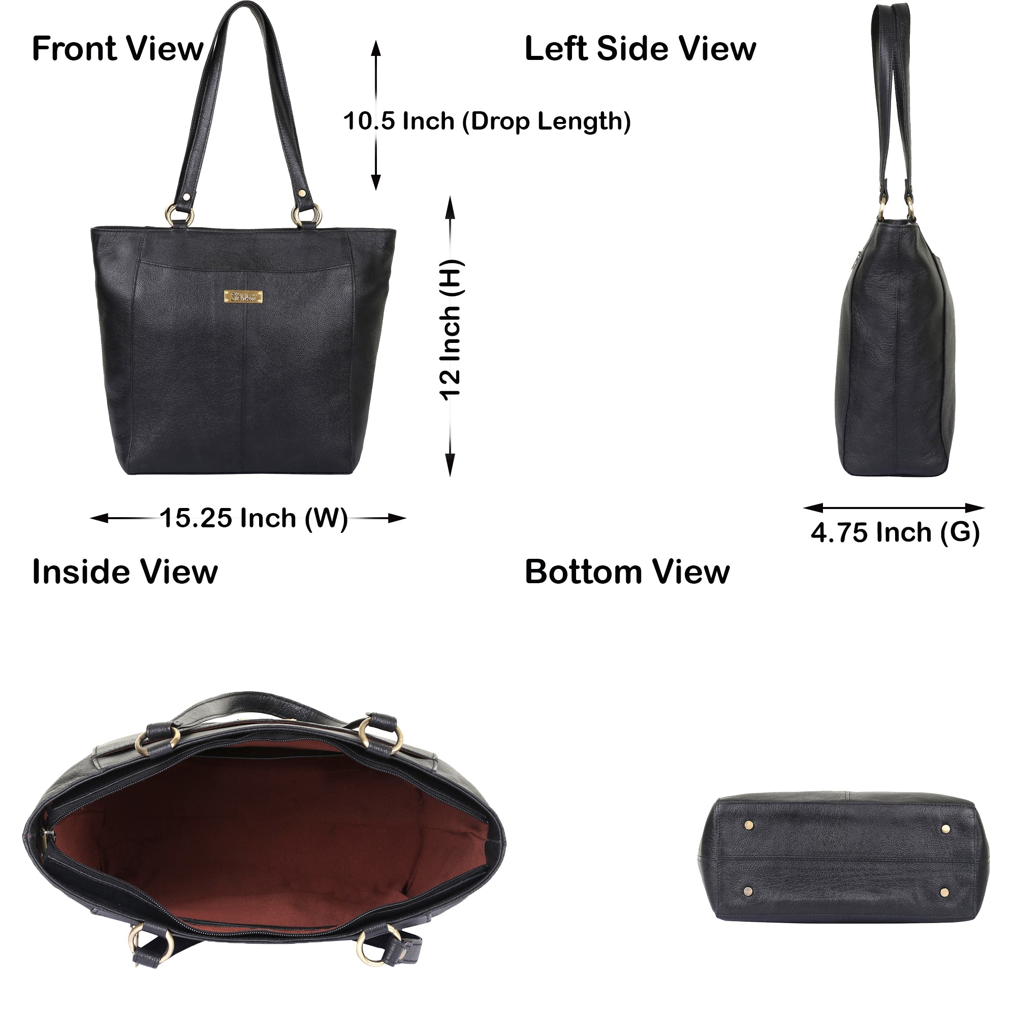 Sishka Black Tote Bag for Women – Elegant Genuine Leather Shoulder Handbag, Spacious Top Handle Satchel, Classic Ladies Purse for Office, Travel, Parties & Everyday Use (H 12" x W 15.25" x D 4.75").