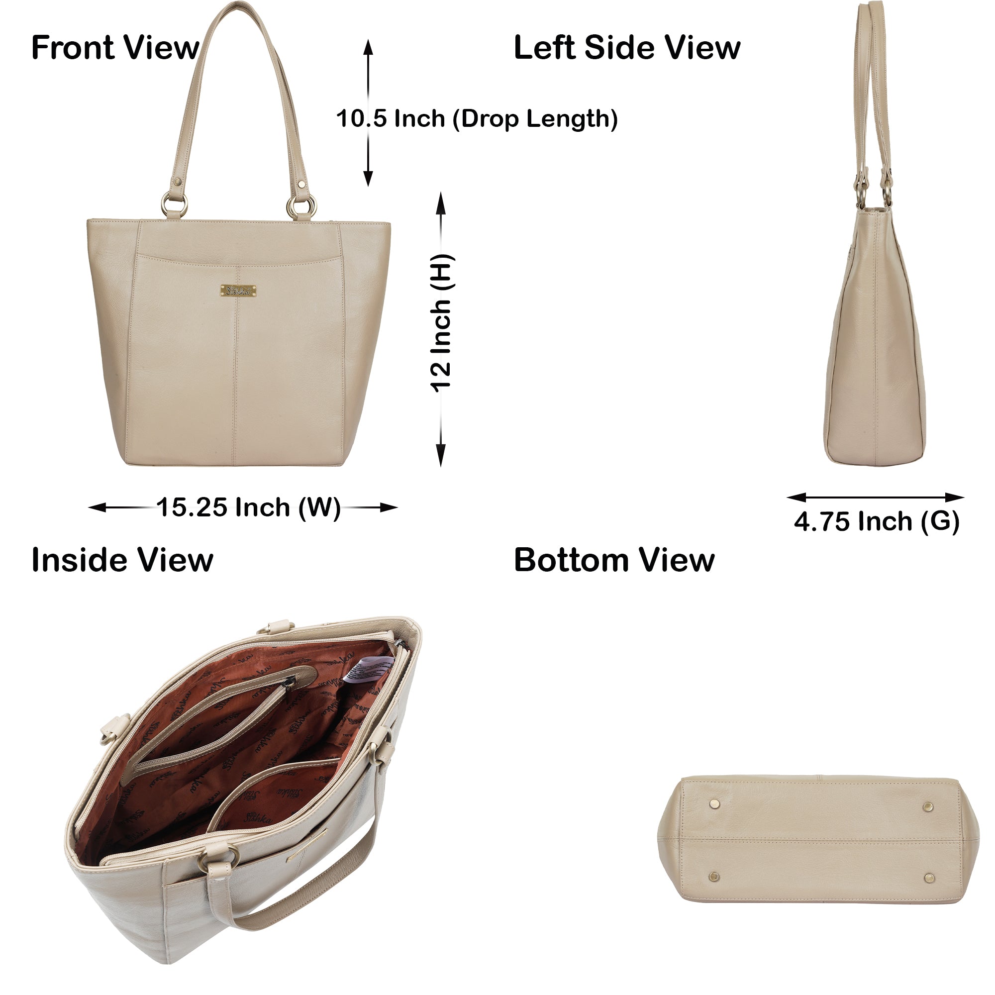 Sishka Taupe Tote Bag for Women – Stylish Genuine Leather Shoulder Handbag, Classic Top Handle Satchel, Spacious Ladies Purse Ideal for Work, Travel, Parties & Everyday Use (H 12" x W 15.25" x D 4.75").