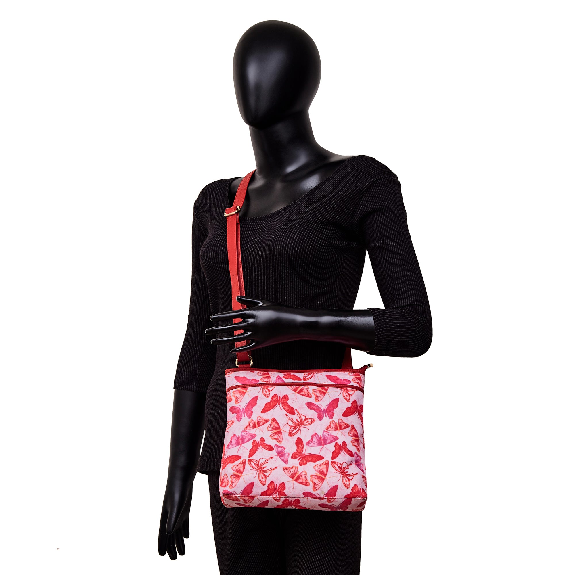 Women's Vibrant Butterfly Print Fabric Crossbody Bag with Leather Accents