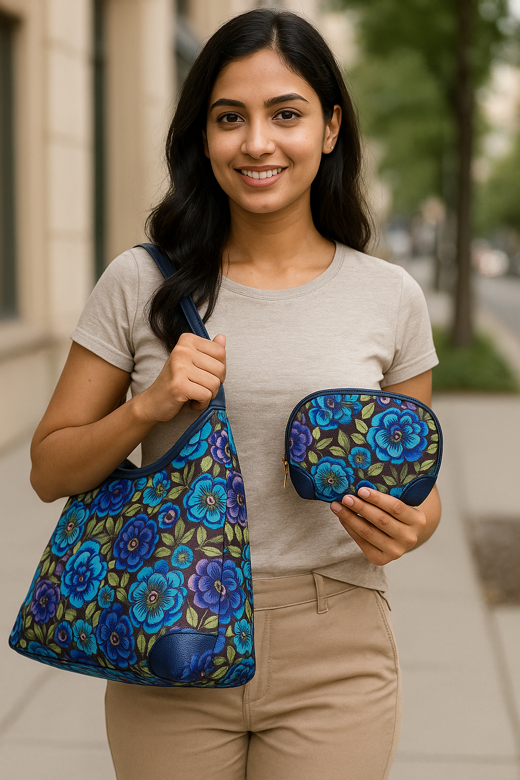 Botanical Print Sling Hobo & Cosmetic Bag Combo  with Leather Trim